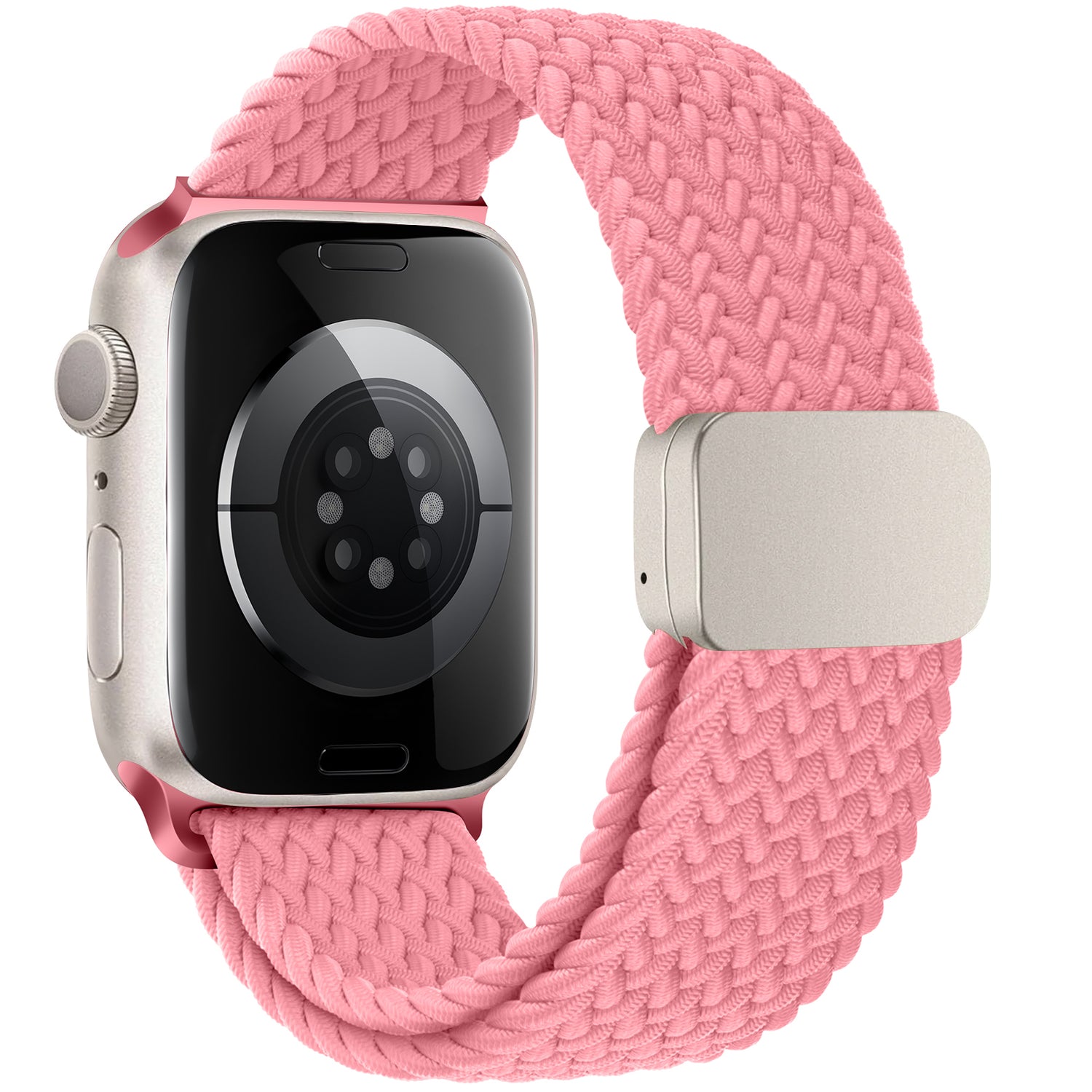 Das arktisband Geflochtene Apple Watch Armband „Casual“ verfügt über ein rosa geflochtenes Armband und einen silbernen rechteckigen Magnetverschluss.