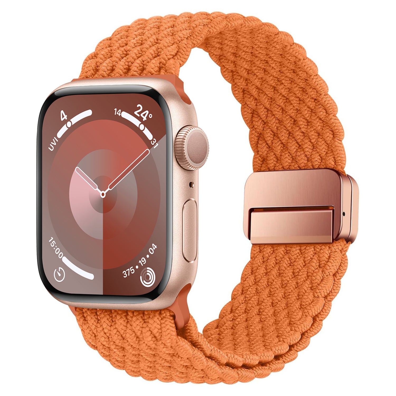 Apple Watch mit dem arktisband Geflochtenen Apple Watch Armband „Casual“ mit Magnetverschluss in Orange und einer Digitalanzeige mit Uhrzeit- und Wetterinformationen.