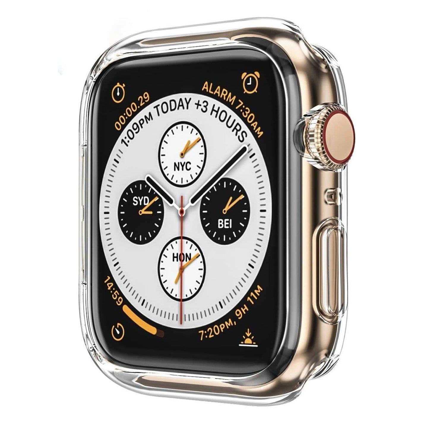 Eine Nahaufnahme eines arktis CRYZTAL BUMPER für Apple Watch von arktis zeigt eine goldene Apple Watch mit einem ultradünnen transparenten TPU-Bumper, der auf seinem Bildschirm mehrere Weltuhren (NYC, SYD, HONG, BEI), digitale Uhrzeit und Alarme anzeigt.