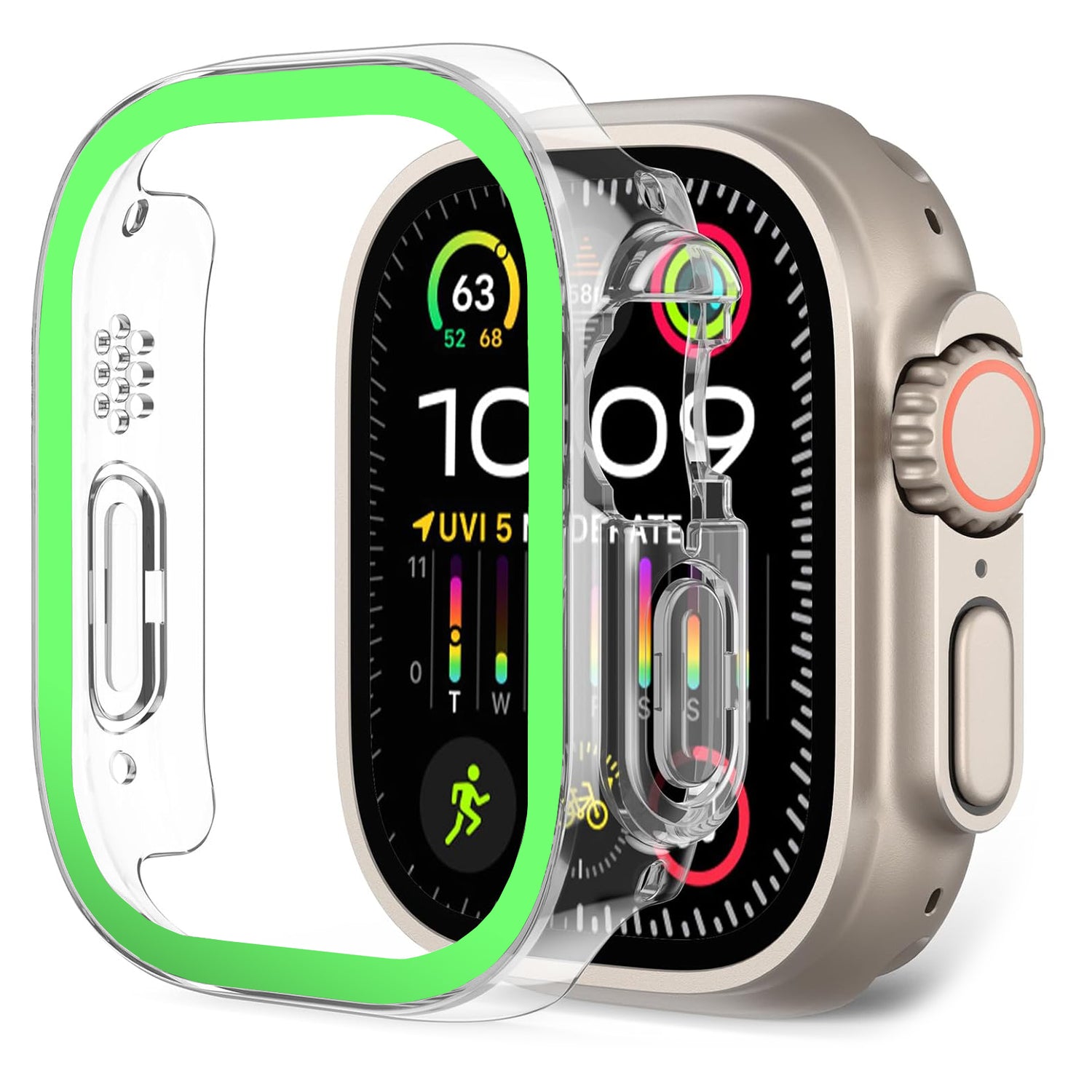 Die Arktis Apple Watch Ultra Hülle Glow in the Dark von Arktis ist eine transparente, im Dunkeln leuchtende Polycarbonat-Hülle, die das bunte Display Ihrer Apple Watch teilweise abdeckt.