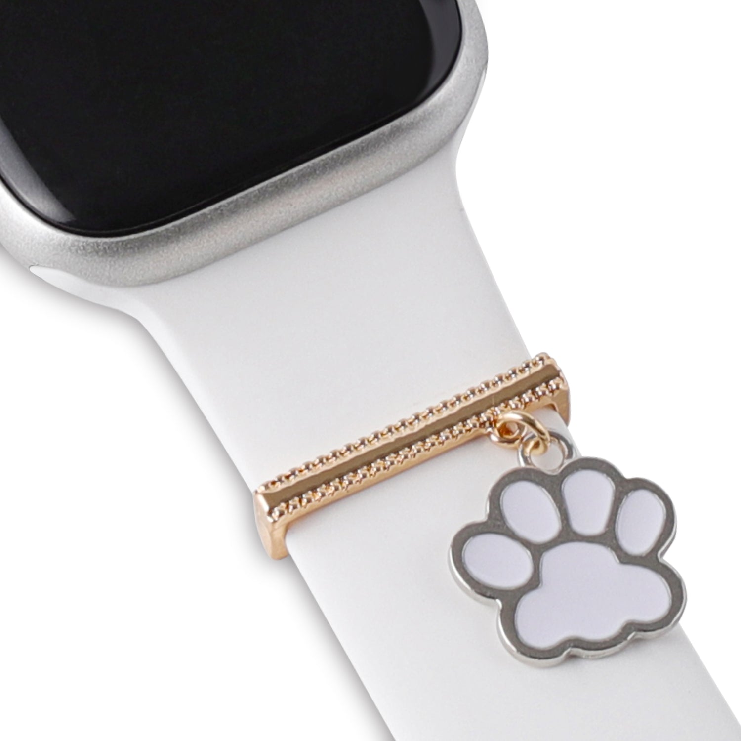 Die Arktisband Apple Watch Charms „White Paw“ in Gold verleihen dem weißen Arktisband Ihrer Smartwatch einen baumelnden Pfotenabdruck-Akzent.