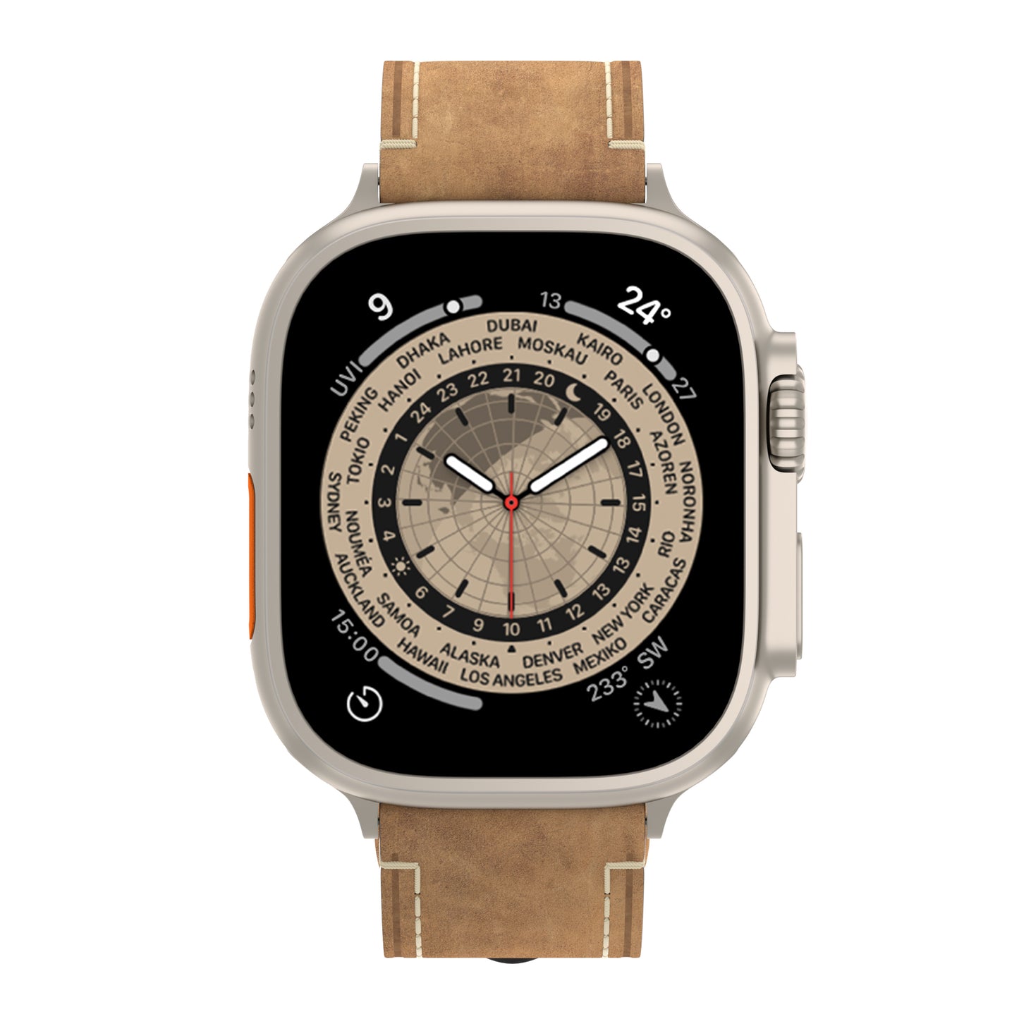 Die arktisband Apple Watch Ultra mit dem PALERMO GRANDE Lederarmband verfügt über ein Titangehäuse und ein Weltzeit-Zifferblatt mit Städtenamen, analogen Uhrzeigern und Wetterinformationen in der oberen rechten Ecke.