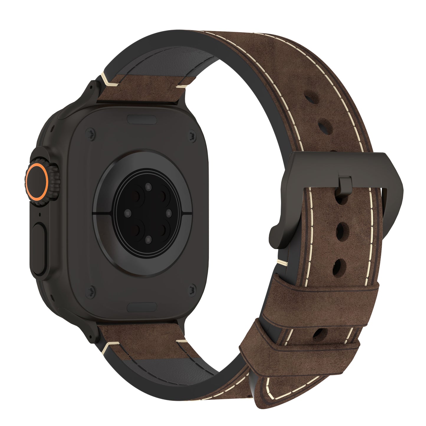 Das arktisband Apple Watch Ultra PALERMO GRANDE Lederarmband von arktisband verfügt über ein dunkles 316L-Edelstahlgehäuse und ein braunes Vintage-Lederarmband mit weißen Nähten, von hinten und von der Seite mit sichtbarem Sensorbereich und Metallschließe gezeigt.