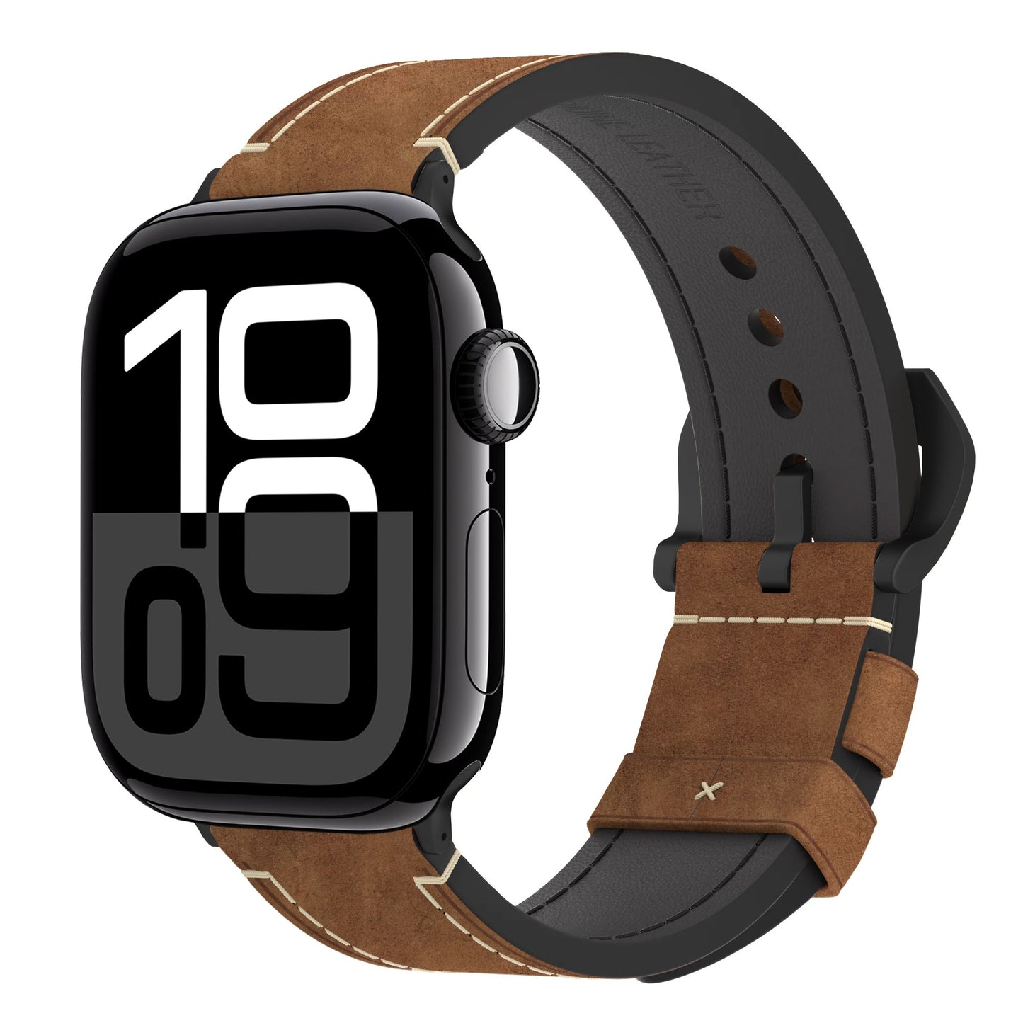 Das arktisband Apple Watch PALERMO GRANDE Lederarmband kombiniert braunes Leder mit einer auffälligen digitalen Zeitanzeige auf dem Bildschirm Ihrer Smartwatch.