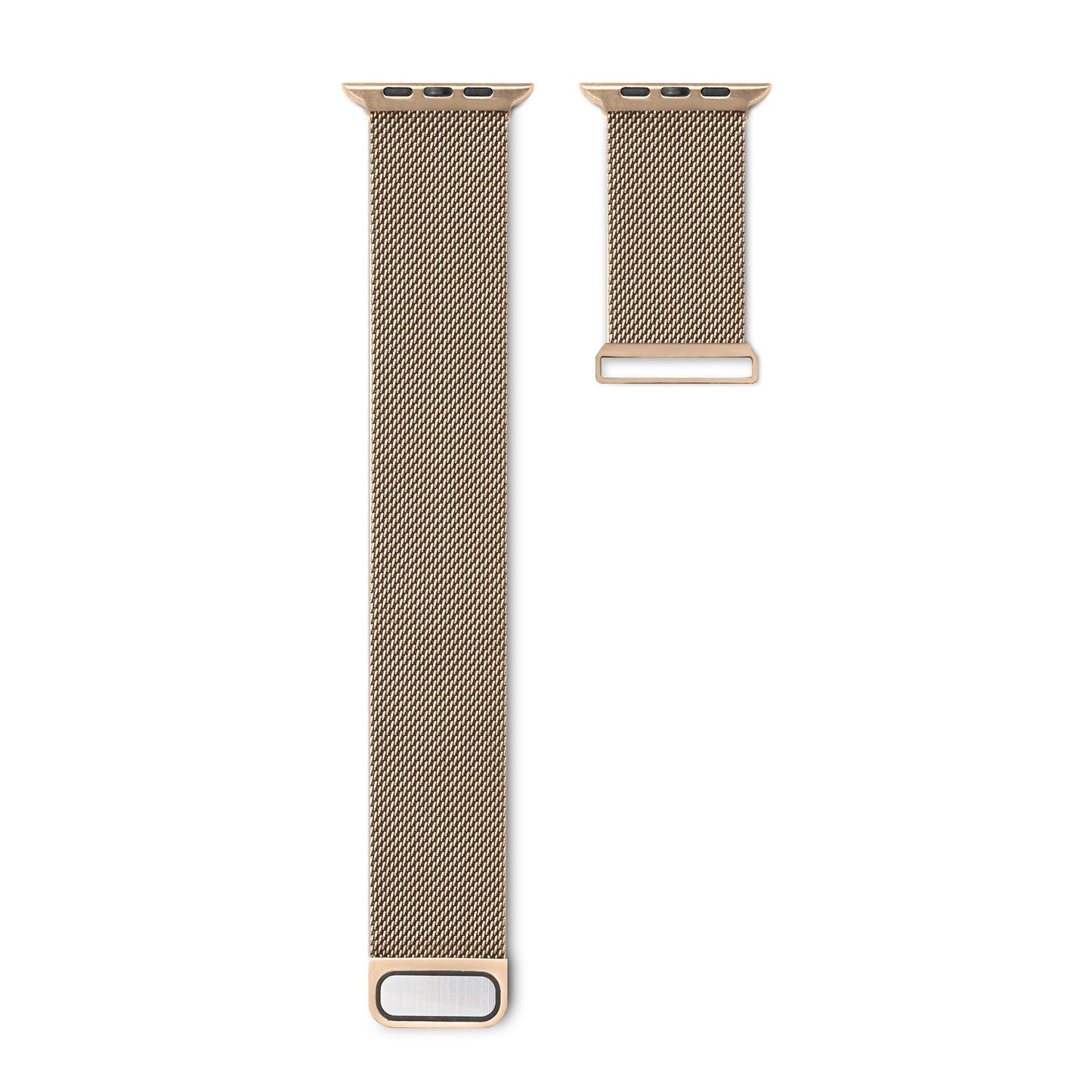 Zwei Arktisband Apple Watch Milanaise Loop Armbänder in Gold, gefertigt aus Edelstahl, sind auf weißem Hintergrund abgebildet - ein langes, ein kurzes.