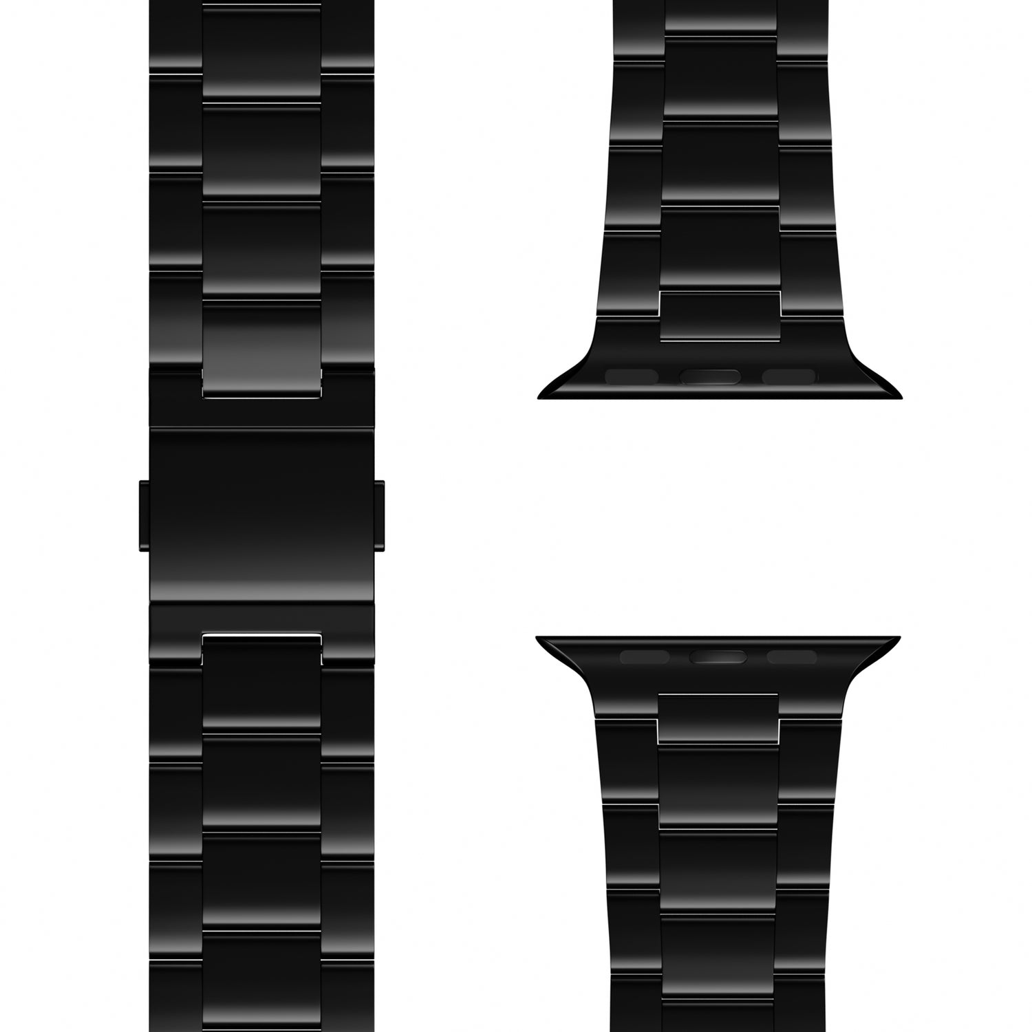 Das arktisband Apple Watch Gliederarmband „Prime“ wird in schwarzem Edelstahl aus verschiedenen Blickwinkeln auf weißem Untergrund dargestellt, wodurch der Verschluss und die beiden Uhrenansätze besonders hervorgehoben werden.