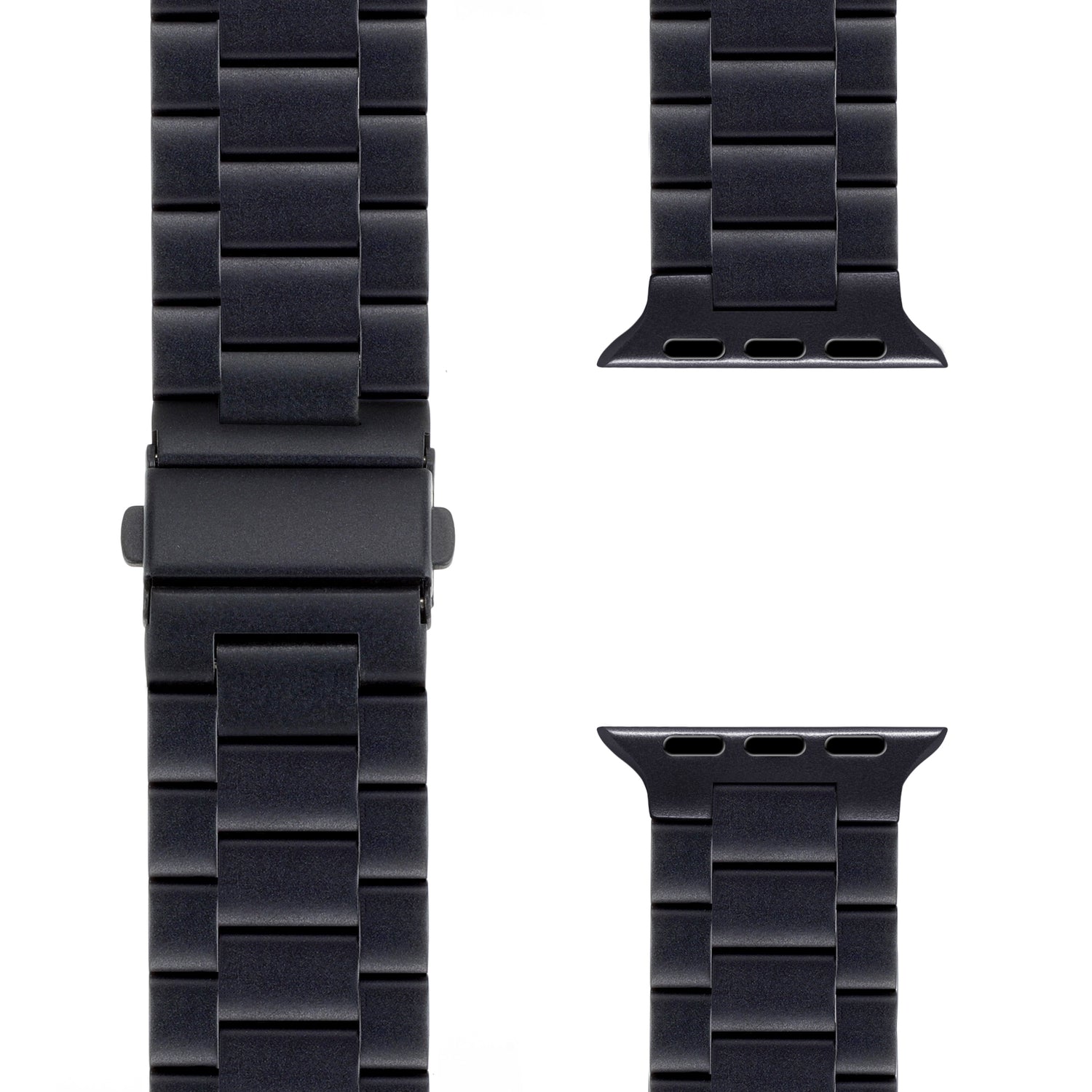 Nahaufnahme eines schwarzen Arktisband Apple Watch Gliederarmbands „Arctica“: Links ist das vollständig geschlossene Band von Arktisband zu sehen, rechts zwei separate Verbindungsstücke, alles vor einem weißen Hintergrund.