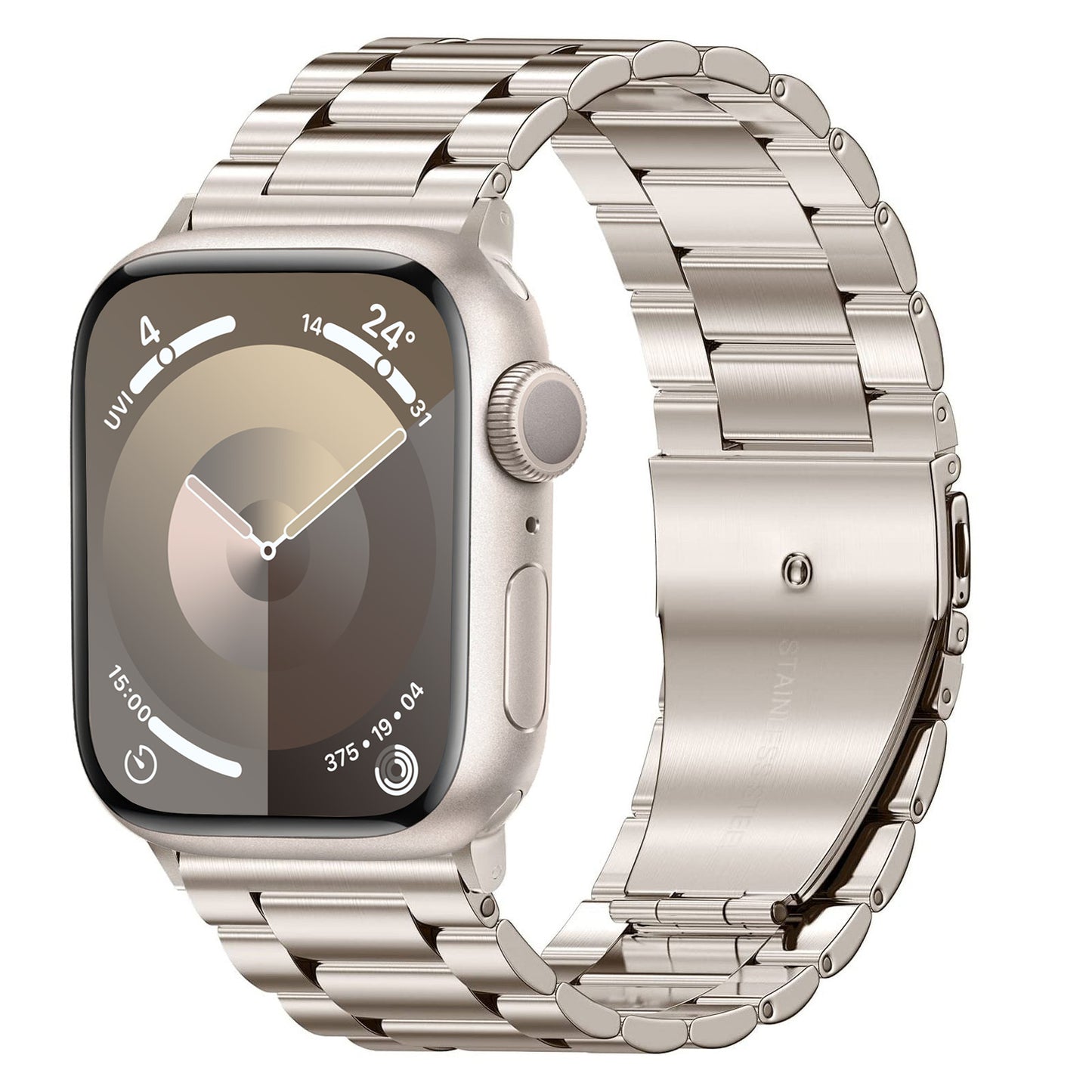 Abgebildet ist eine Apple Watch mit dem arktisband "Arctica" Edelstahl-Gliederarmband von arktisband. Das Zifferblatt zeigt Uhrzeit, Datum, Temperatur, UV-Index und Aktivitätsringe auf einem minimalistischen Display an.