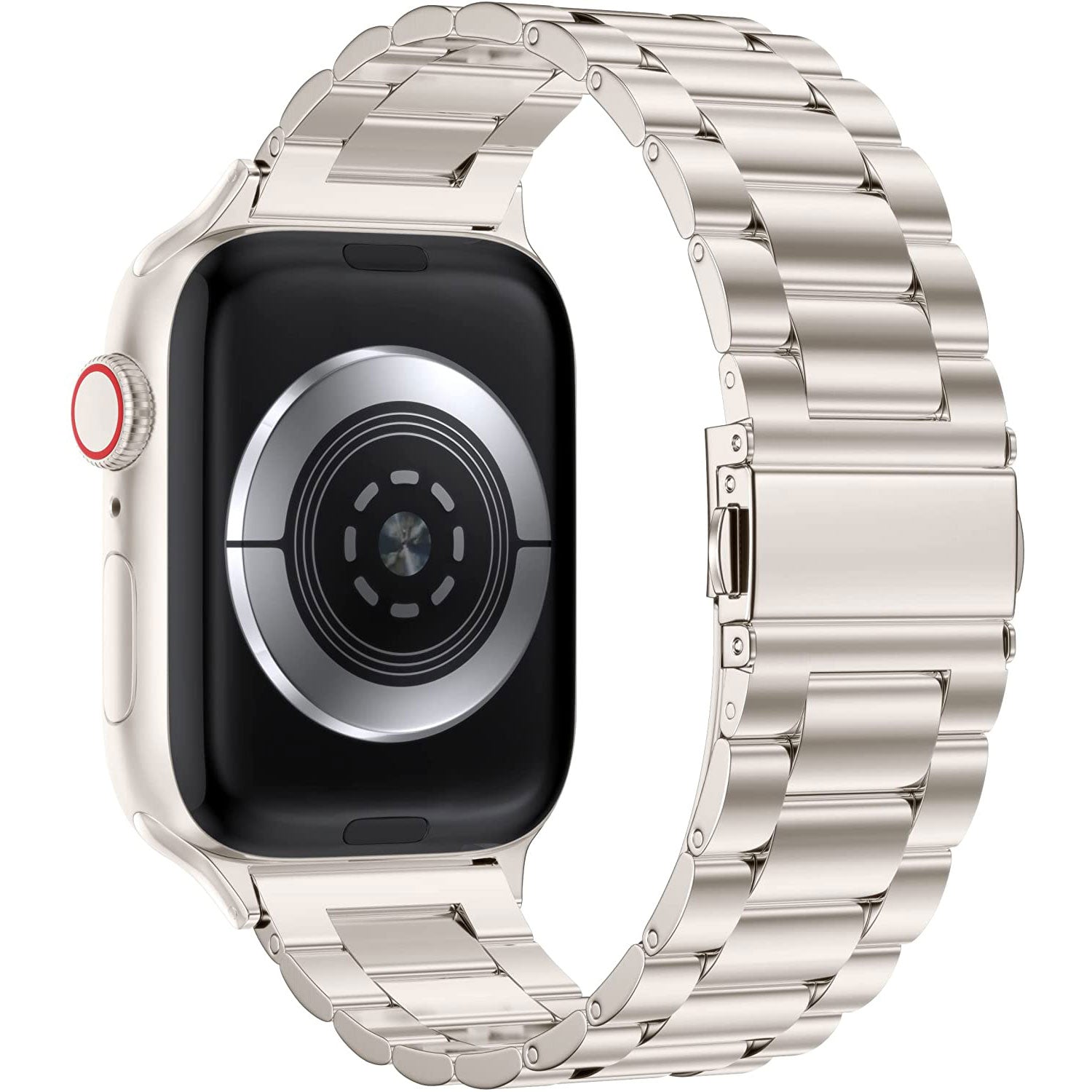 Das arktisband Apple Watch Gliederarmband „Arctica“ von arktisband ist eine silberne Metall-Smartwatch mit einem Gliederarmband und einem schwarzen runden Sensor auf der Rückseite, dargestellt in einer schrägen Rückansicht.