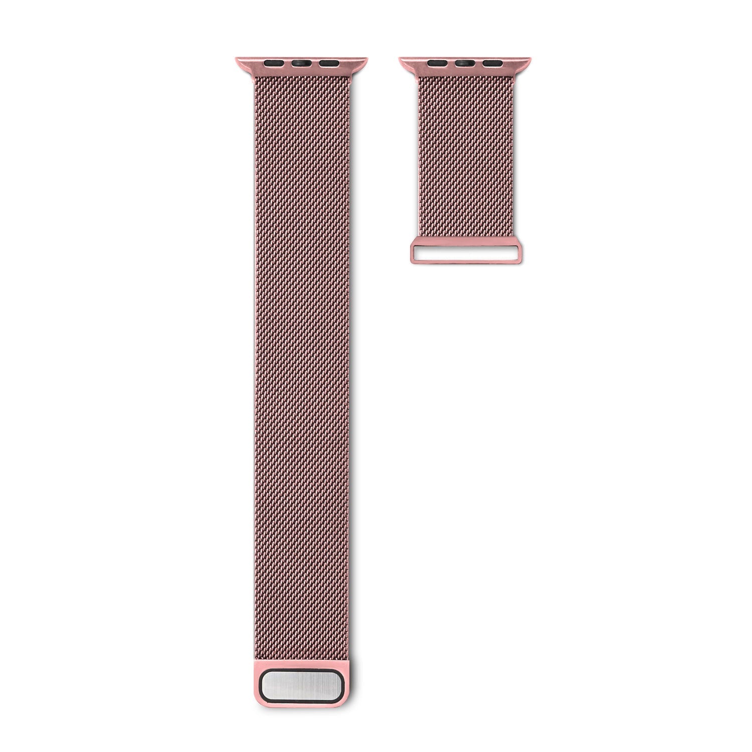 Zwei arktisband Apple Watch Milanaise Loop Armbänder aus Roségoldgeflecht – eines länger, eines kürzer – werden auf weißem Hintergrund angezeigt und bieten eine elegante Edelstahlarmband-Option von arktisband für Ihre Apple Watch.