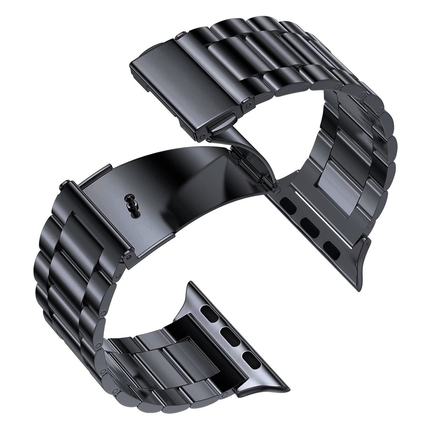 Das arktisband Apple Watch Gliederarmband „Arctica“ von arktisband präsentiert sich geöffnet in Schwarz und präsentiert seine Edelstahlglieder und die Faltschließe – eine ideale Wahl für Ihre Smartwatch oder als Apple Watch Band.