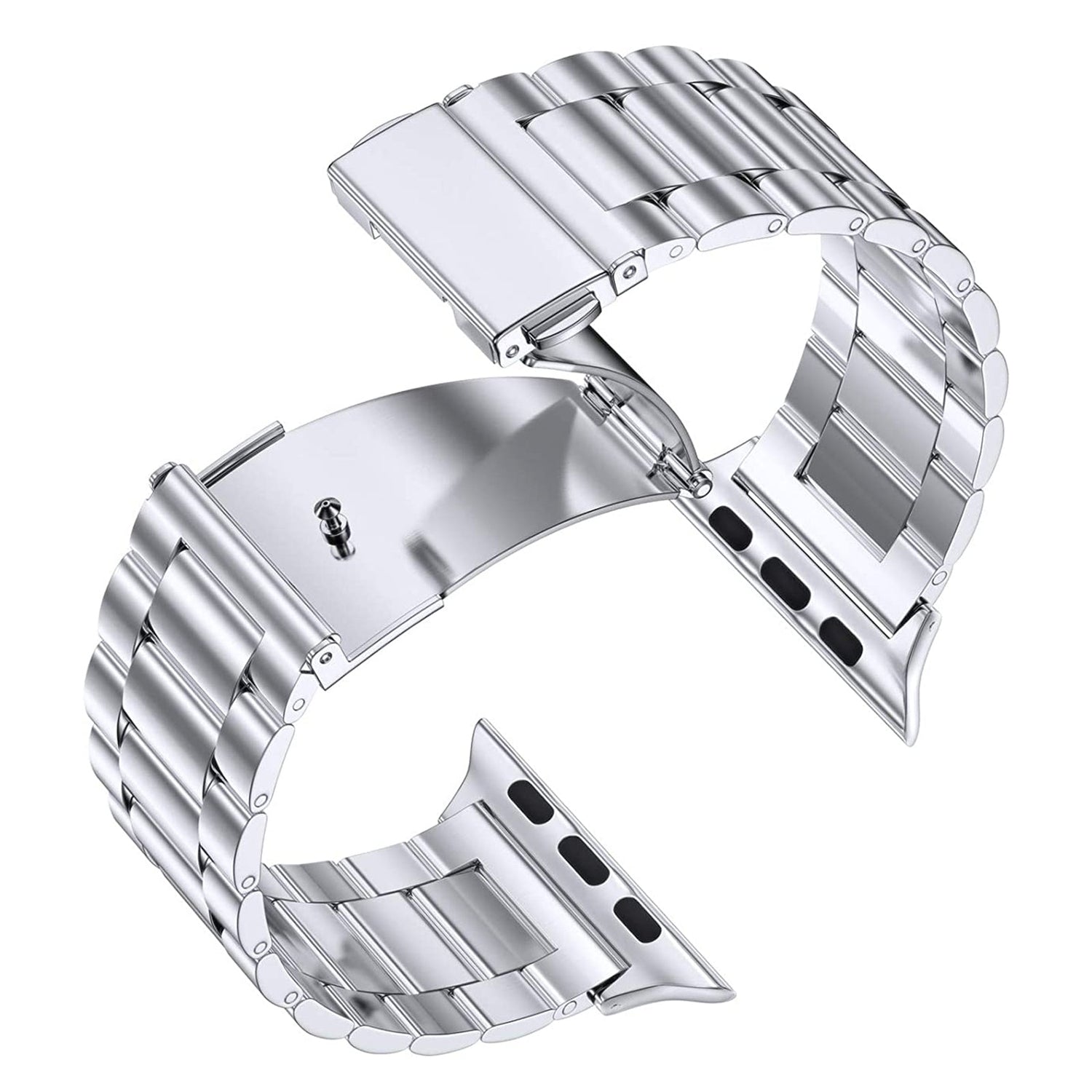 Das Arktisband Apple Watch Gliederarmband „Arctica“ verfügt über polierte Edelstahlglieder, eine Faltschließe mit mehreren Einstelllöchern und ein elegantes Silber-Finish. Es ist teilweise geöffnet abgebildet und mit der Apple Watch kompatibel.