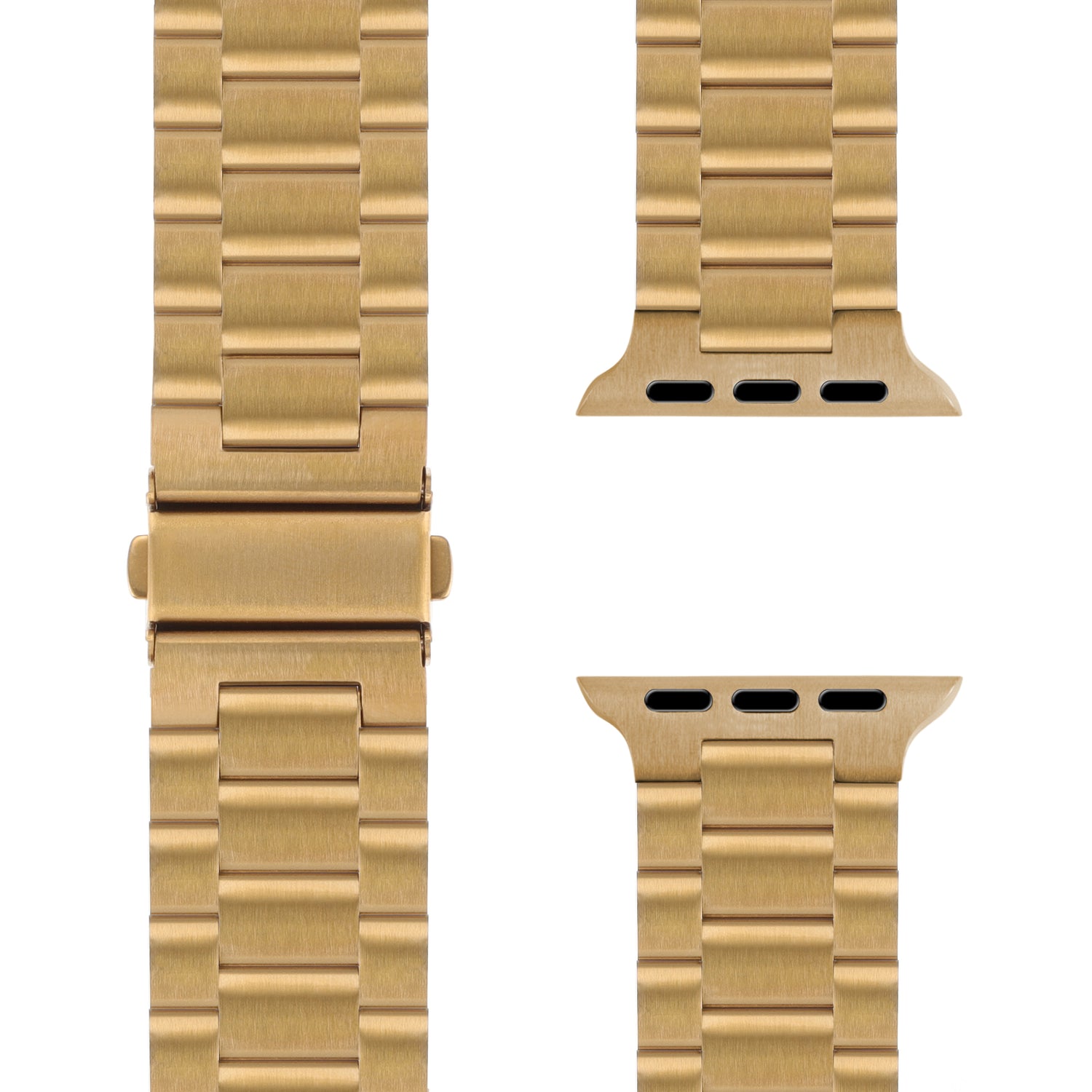 Nahaufnahme des Arktisband-Gliederarmbands „Arctica“ für die Apple Watch: ein goldenes Edelstahlband mit abnehmbaren Gliedern und separaten Anschlüssen, sowohl geschlossen als auch bereit zum Anbringen als Armband für die Apple Watch.