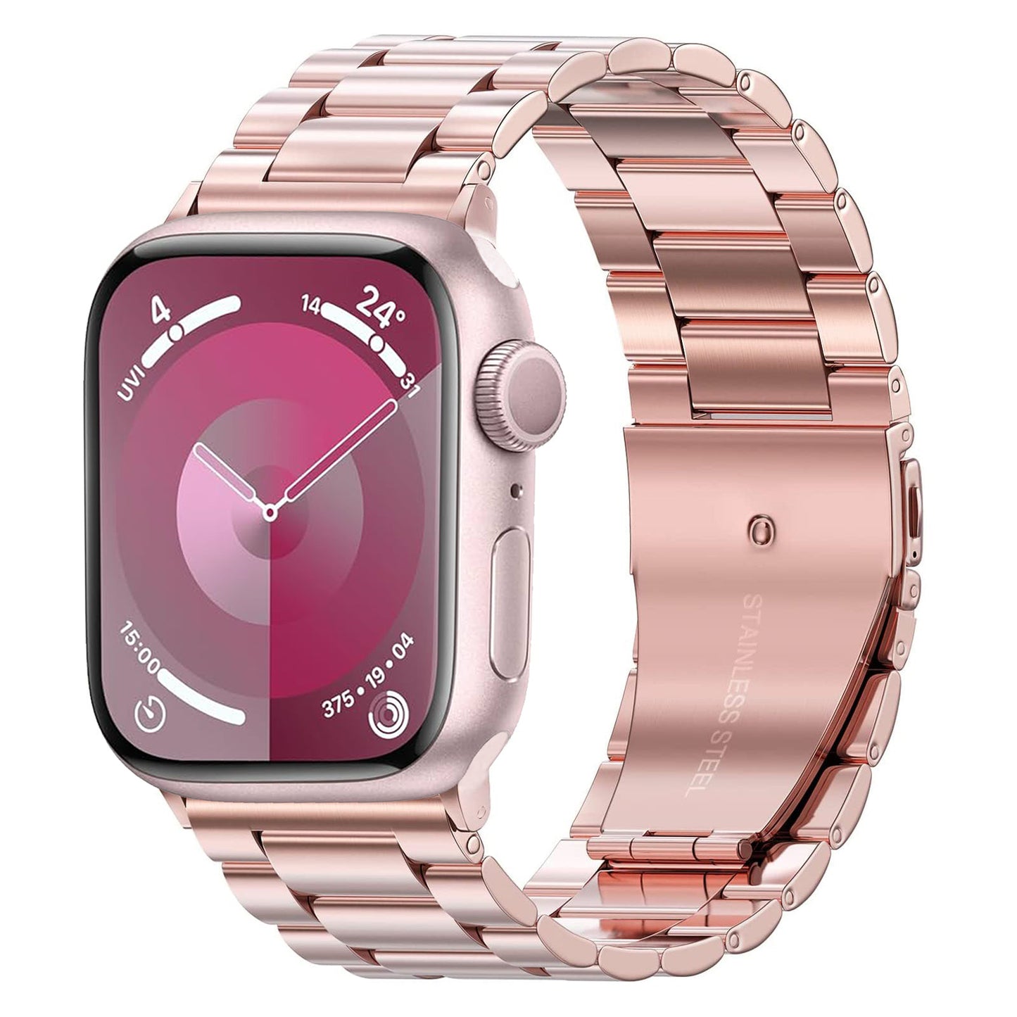 Das Arktisband Apple Watch Gliederarmband „Arctica“ ist eine roségoldene Smartwatch mit passendem Gliederarmband aus Edelstahl und runder Digitalanzeige zur Anzeige von Uhrzeit und Aktivitätsdaten.