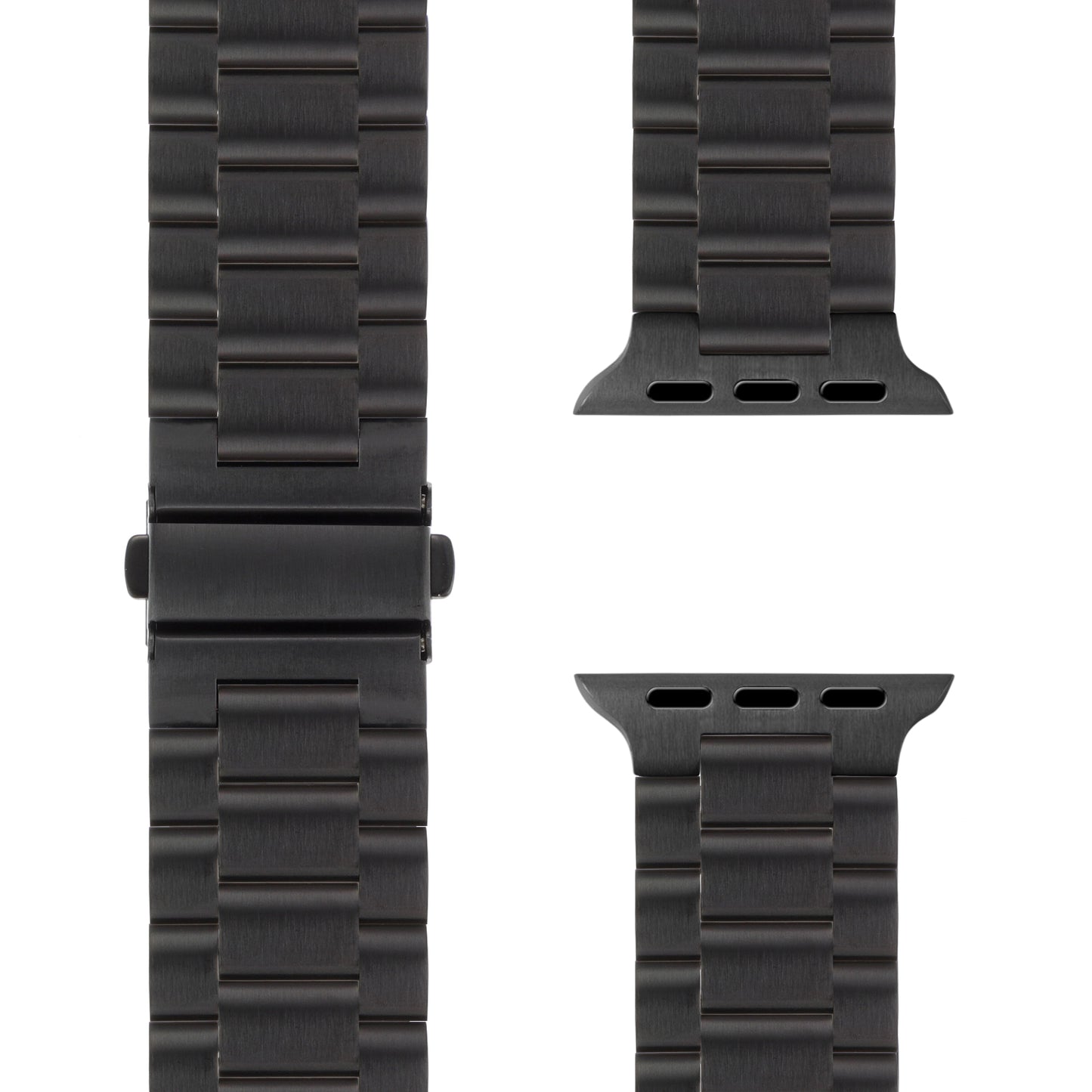 Nahaufnahme des arktisband Apple Watch Gliederarmbands „Arctica“ von arktisband in Schwarz: Links komplettes Band mit Verschluss, rechts zwei Verbindungsstücke zur Befestigung der Apple Watch.