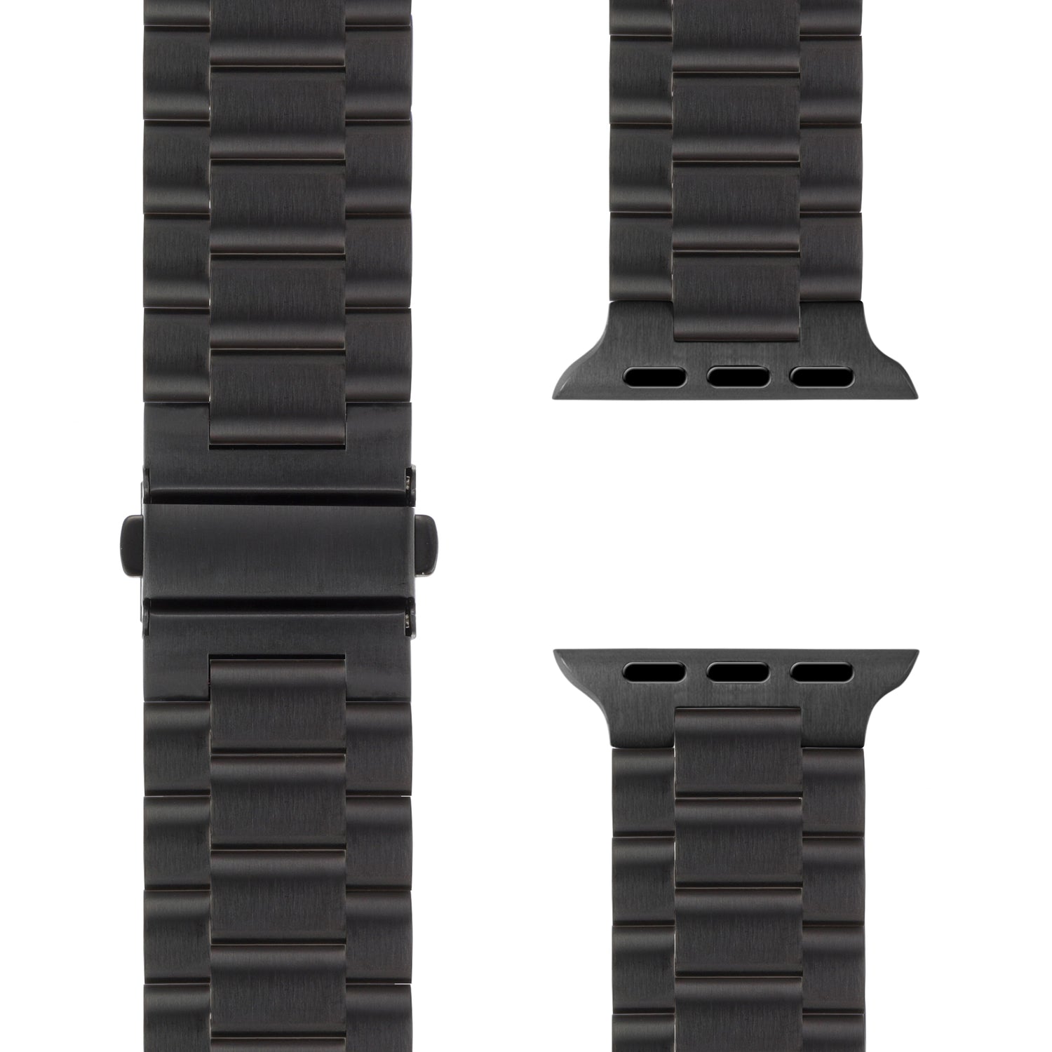 Nahaufnahme des arktisband Apple Watch Gliederarmbands „Arctica“ von arktisband in Schwarz: Links komplettes Band mit Verschluss, rechts zwei Verbindungsstücke zur Befestigung der Apple Watch.