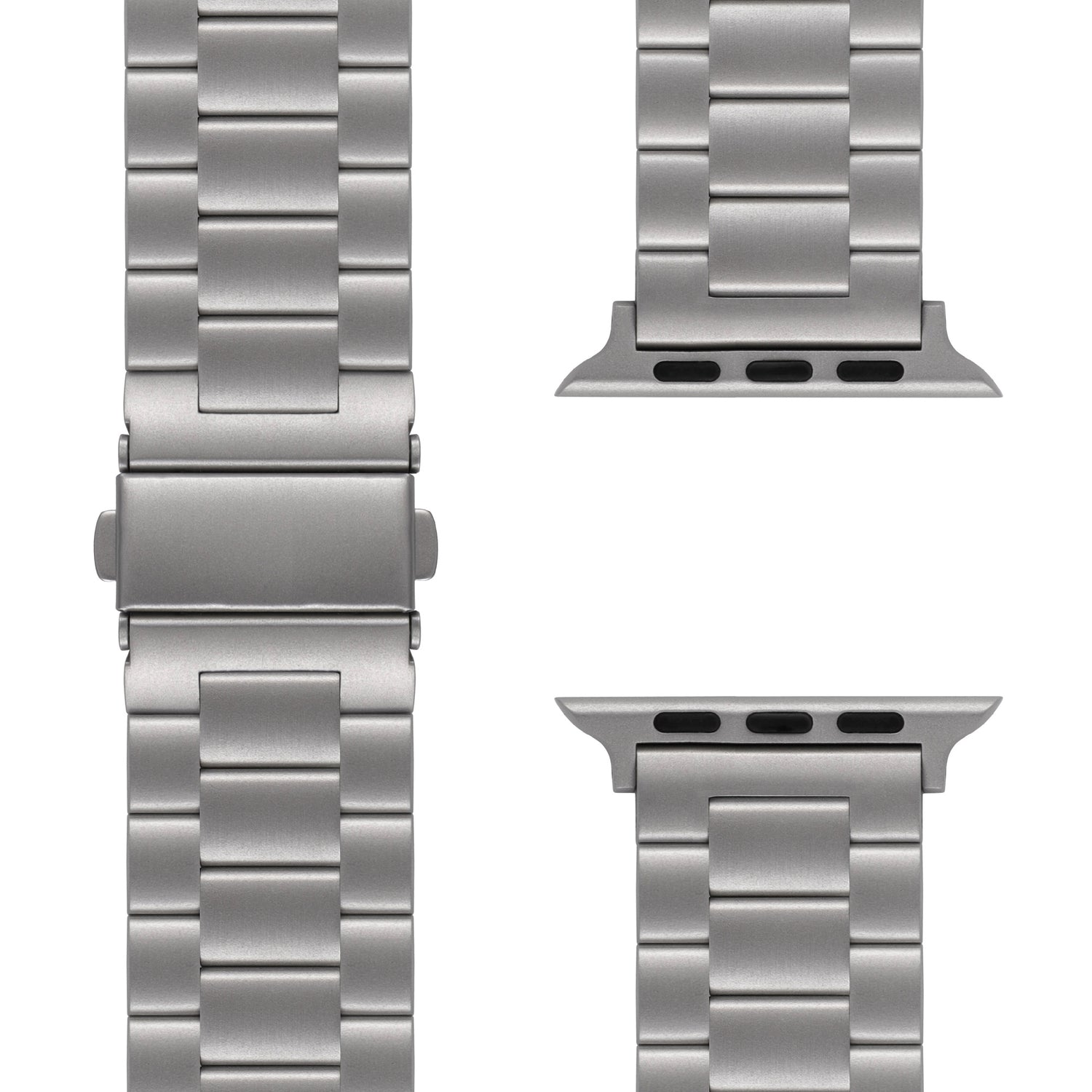 Nahaufnahme des Arktisband Apple Watch Gliederarmbands "Arctica" in Silber. Zu sehen sind der zentrale Verschluss und die Anschlussschlitze an beiden Enden zur einfachen Befestigung an einer Apple Watch. Der Hintergrund ist schlicht weiß.