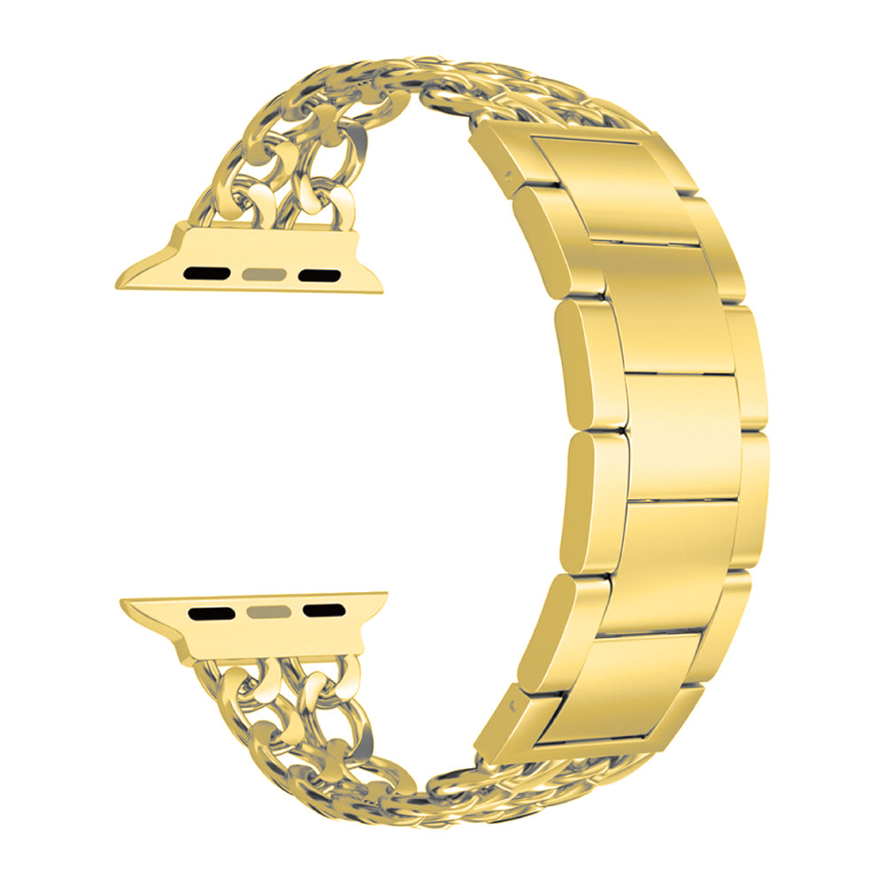 Das arktisband Apple Watch Armband „Princess“ von arktisband ist ein goldenes Metallband mit glänzenden, massiven Gliedern auf der einen Seite, Kettengliedern auf der anderen und Verbindungsstücken an beiden Enden – dargestellt vor einem weißen Hintergrund.