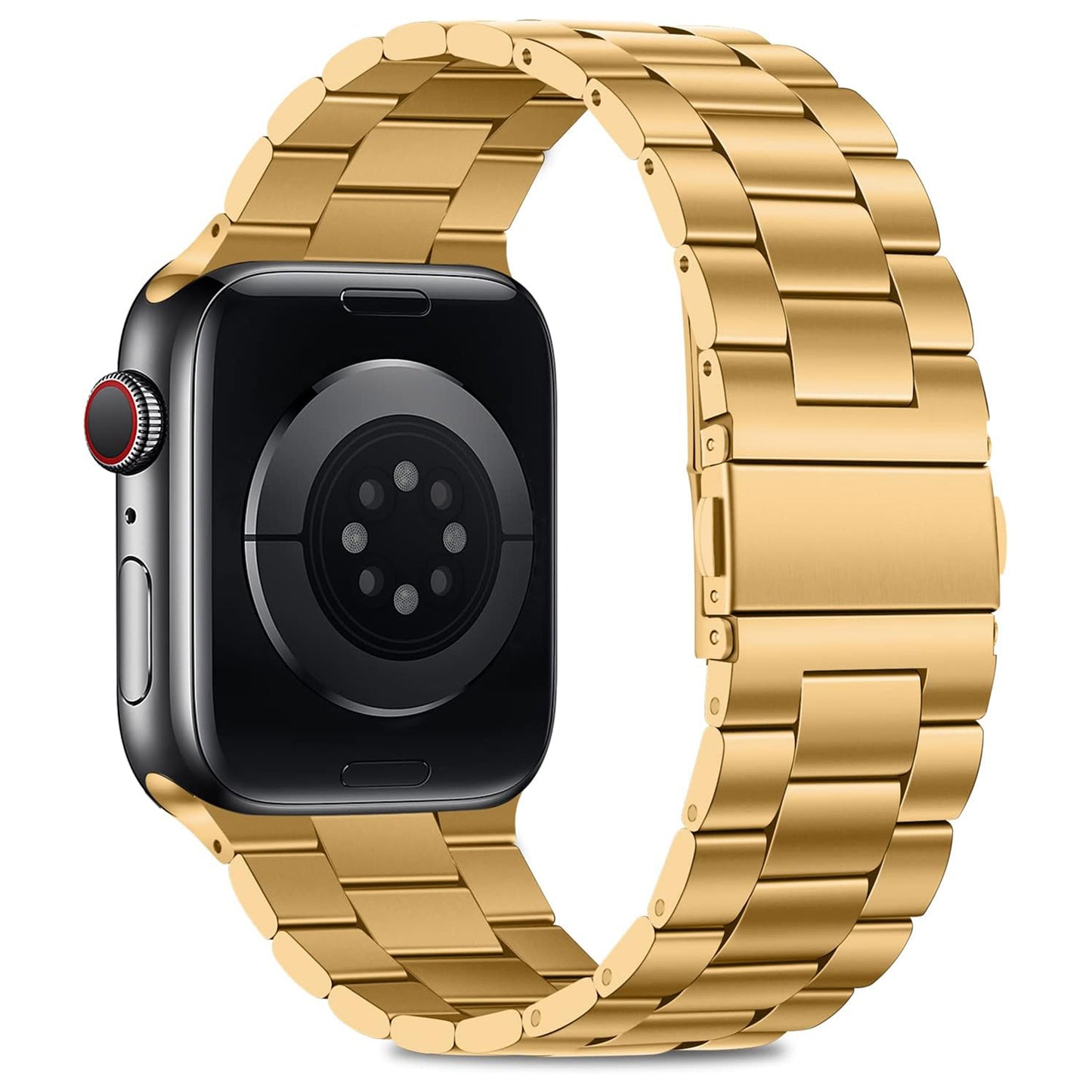Das arktisband Apple Watch Gliederarmband „Arctica“ von arktisband wird mit einer Smartwatch mit schwarzem Zifferblatt und Sensor auf der Rückseite sowie einem goldenen Edelstahlarmband im Gliederarmband-Stil auf weißem Hintergrund gezeigt.