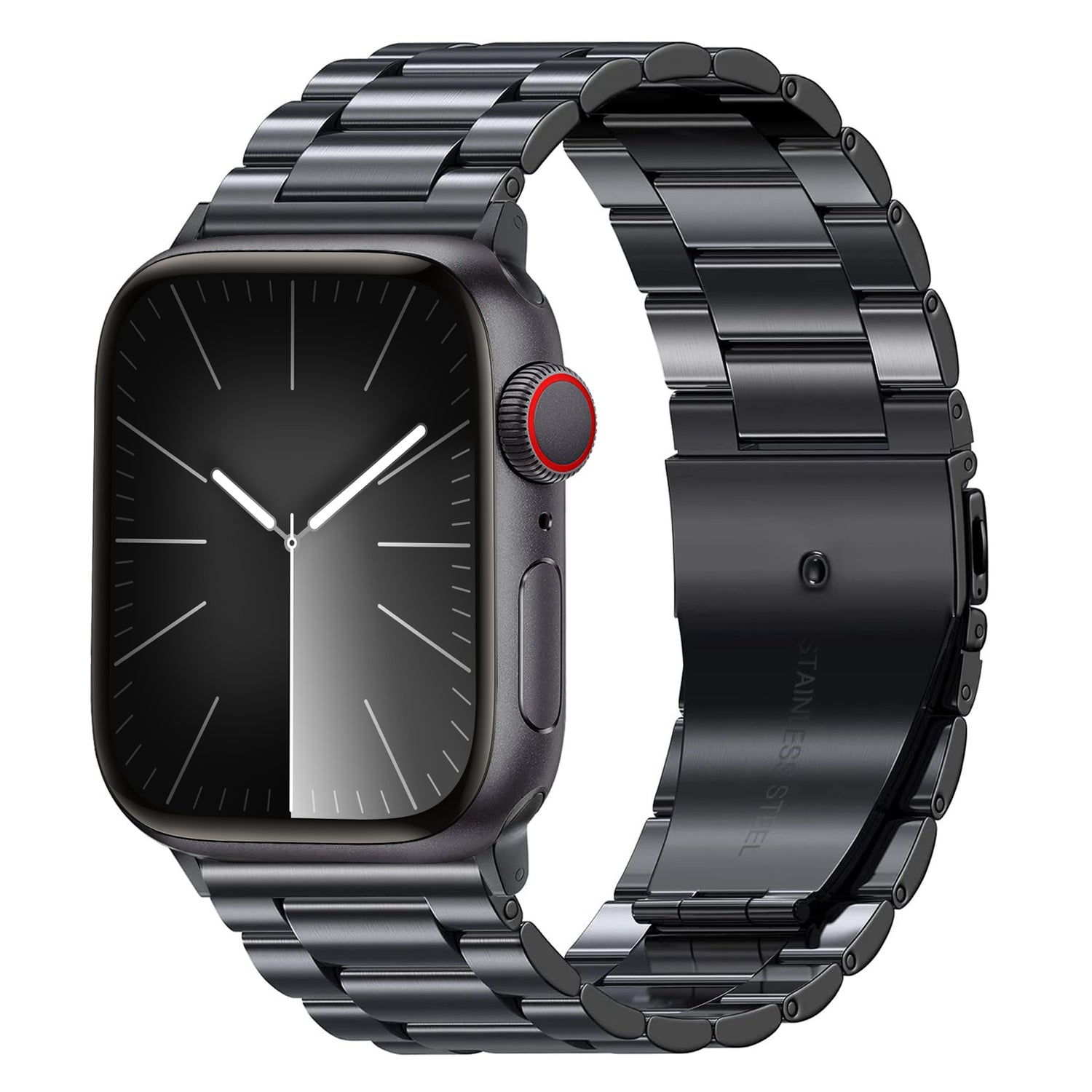 Das Arktisband Apple Watch Gliederarmband „Arctica“ ist eine schwarze Smartwatch mit einem eleganten Edelstahlarmband und einem analogen Zifferblatt mit klaren weißen Stunden- und Minutenzeigern ohne Zahlen auf dem Display.