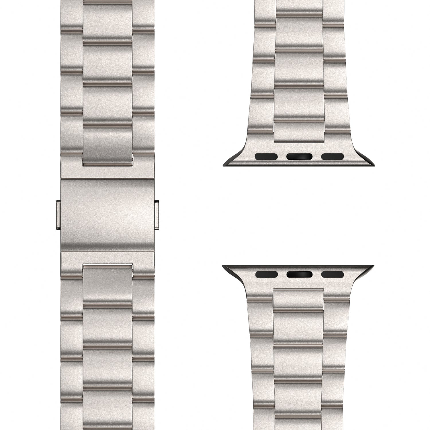 Das arktisband Apple Watch Gliederarmband „Prime“ von arktisband wird in Silber mit gebürstetem Metall-Finish, sichtbaren Gliedern, einer Nahaufnahme des MagneticClick-Verschlusses auf der linken Seite und zwei Endstücken zum Verbinden mit einer Apple Watch gezeigt.