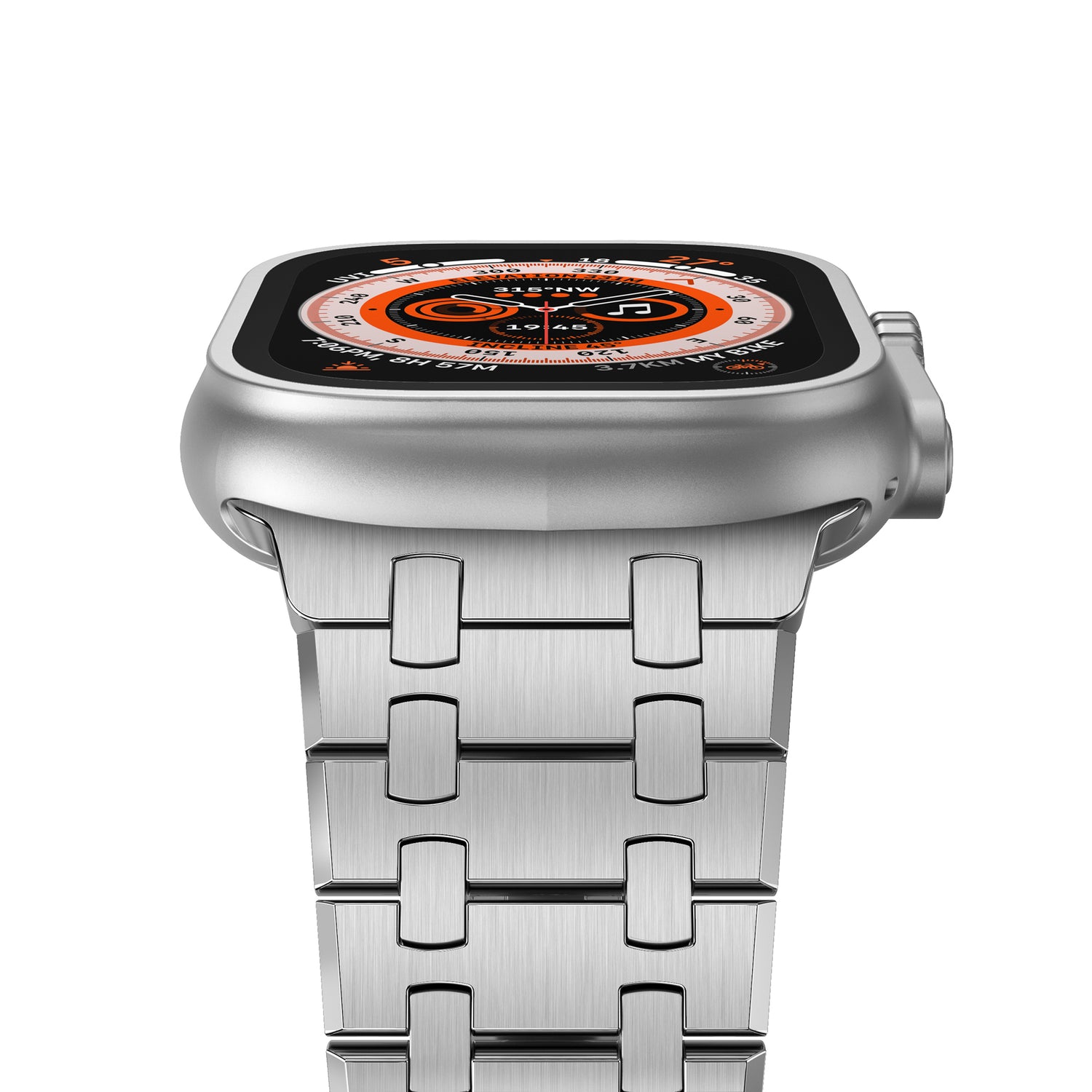 Nahaufnahme eines silbernen Arktisband-Edelstahlarmbands „Symphony“ für die Apple Watch mit Butterfly-Schließe und orange akzentuierter Digitalanzeige, gefertigt aus hochwertigem 316L-Chirurgenedelstahl.