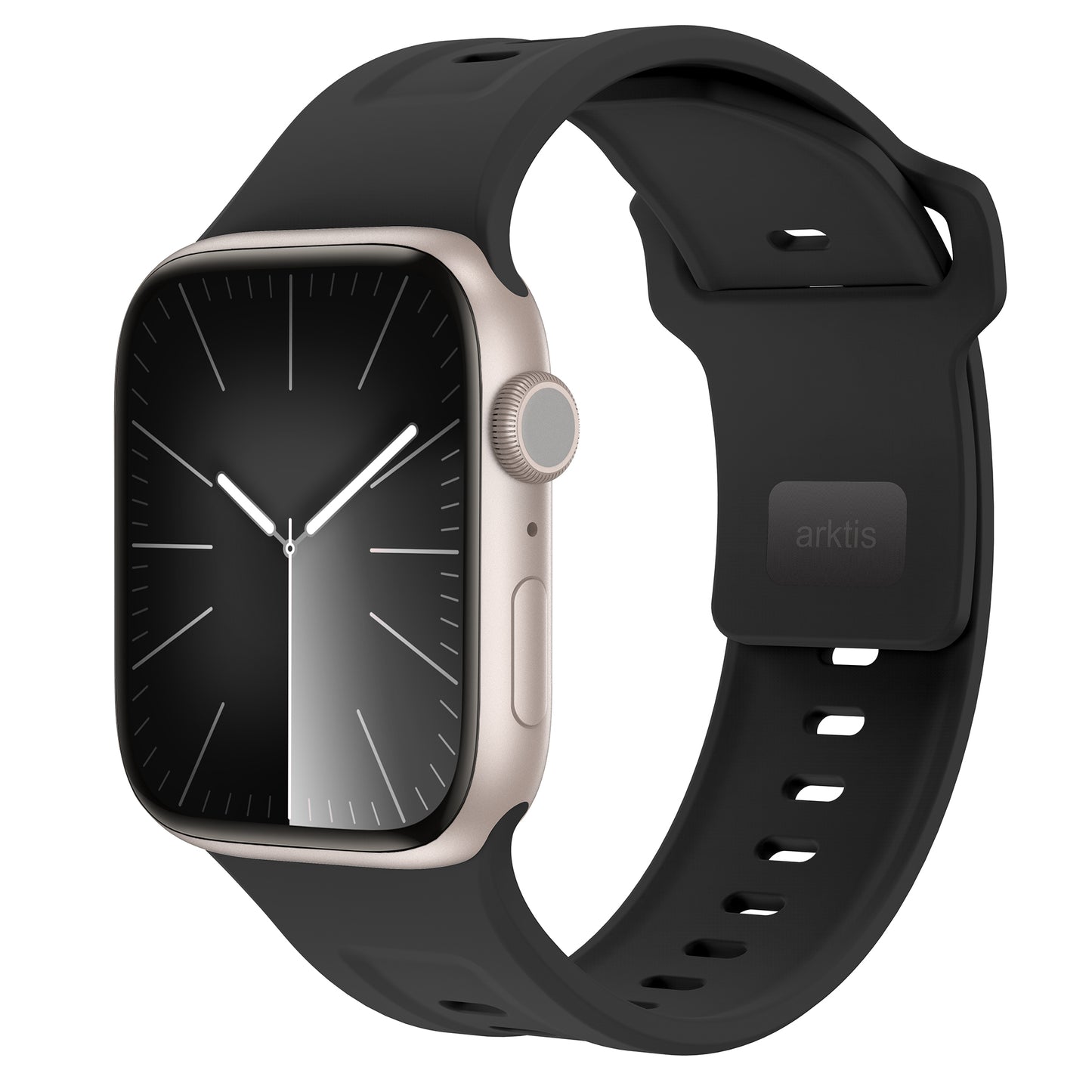 Das arktisband Apple Watch FKM Sportarmband "Sweat" ist ein modernes, voll verstellbares schwarzes Smartwatch-Armband aus strapazierfähigem, elastischem Fluorelastomer mit Arktis-Logo. Kompatibel mit der Apple Watch und im sportlich-minimalistischen Design.