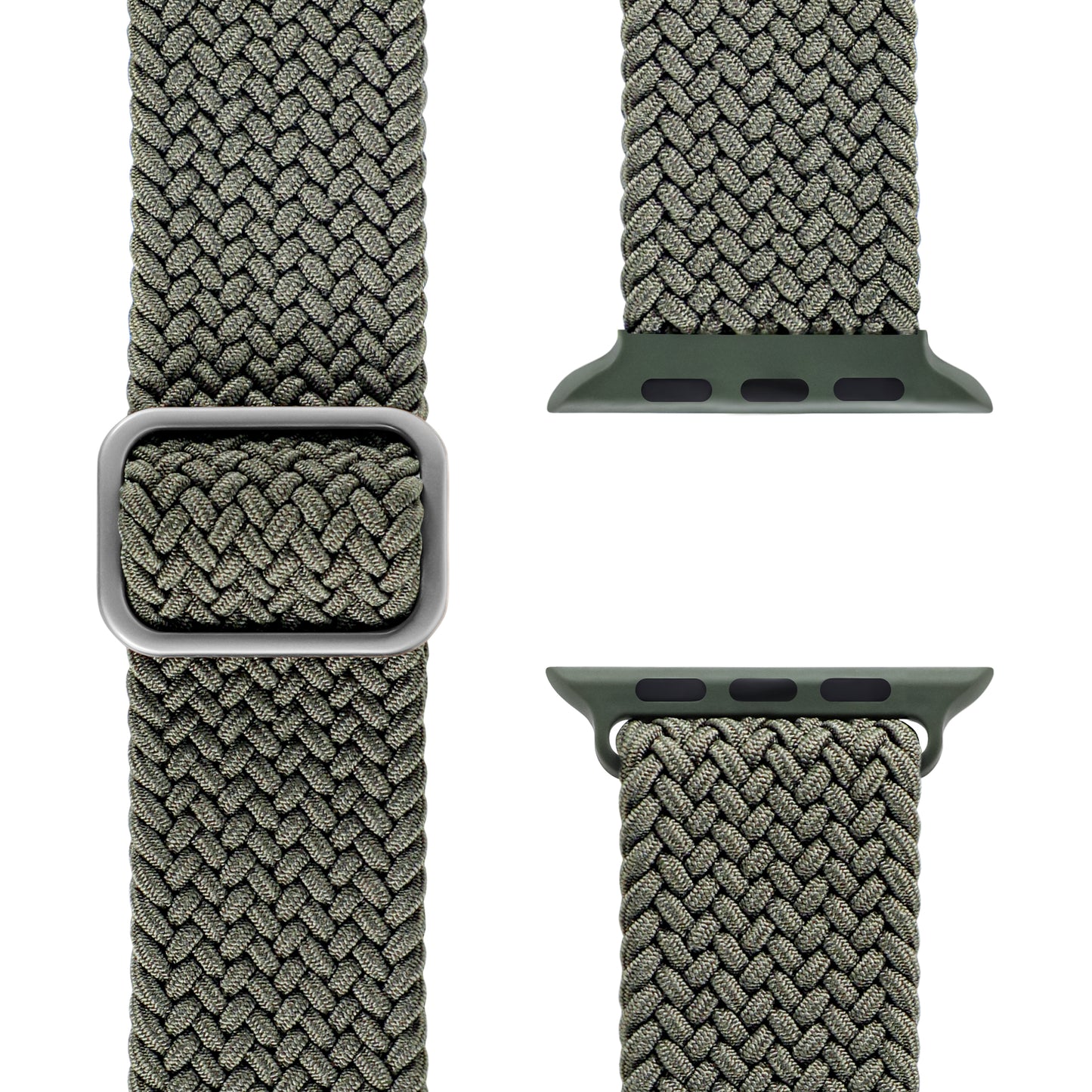 Eine Nahaufnahme des geflochtenen Flex Loop Armbands von Arktisband für die Apple Watch in Grün, einem gewebten Nylonarmband mit silberner Schnalle und Verbindungsstücken. Die geflochtene Textur von Arktisband bietet mehr Stil und Komfort für Ihre Apple Watch.