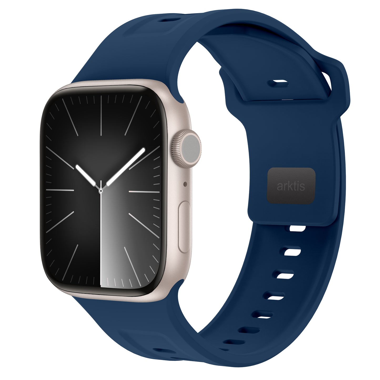 Das arktisband Apple Watch FKM Sportarmband „Sweat“ verfügt über ein rechteckiges analoges Display, ein blaues, langlebiges und elastisches Fluorelastomerband mit der Aufschrift „arktis“ auf dem Armband und ein silbernes oder hellgoldenes Uhrengehäuse.