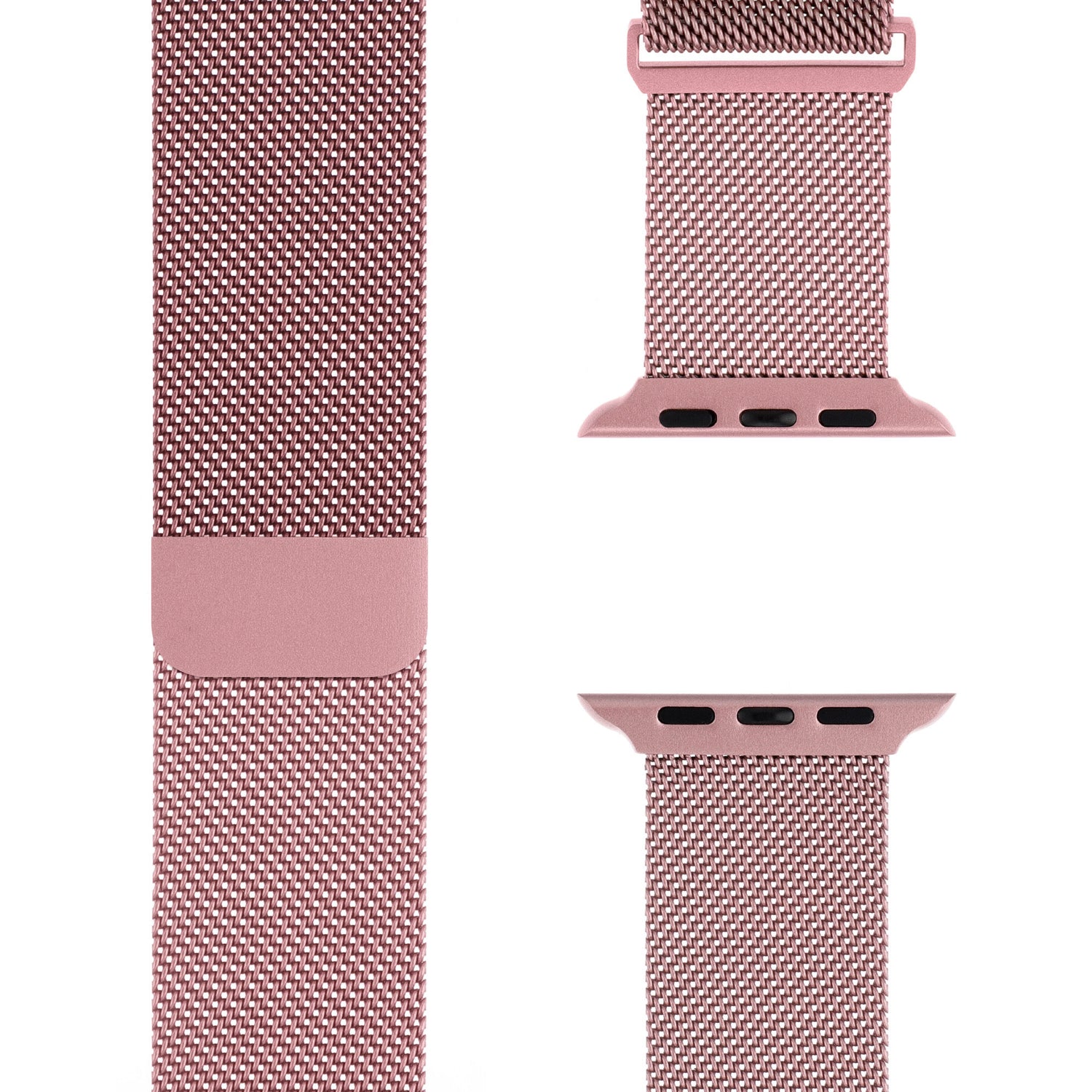 Das arktisband Apple Watch Milanaise Loop Armband, ein roségoldenes Edelstahlband mit Magnetverschluss und Steckern, wird in Nahaufnahme aus verschiedenen Blickwinkeln vor einem weißen Hintergrund gezeigt.