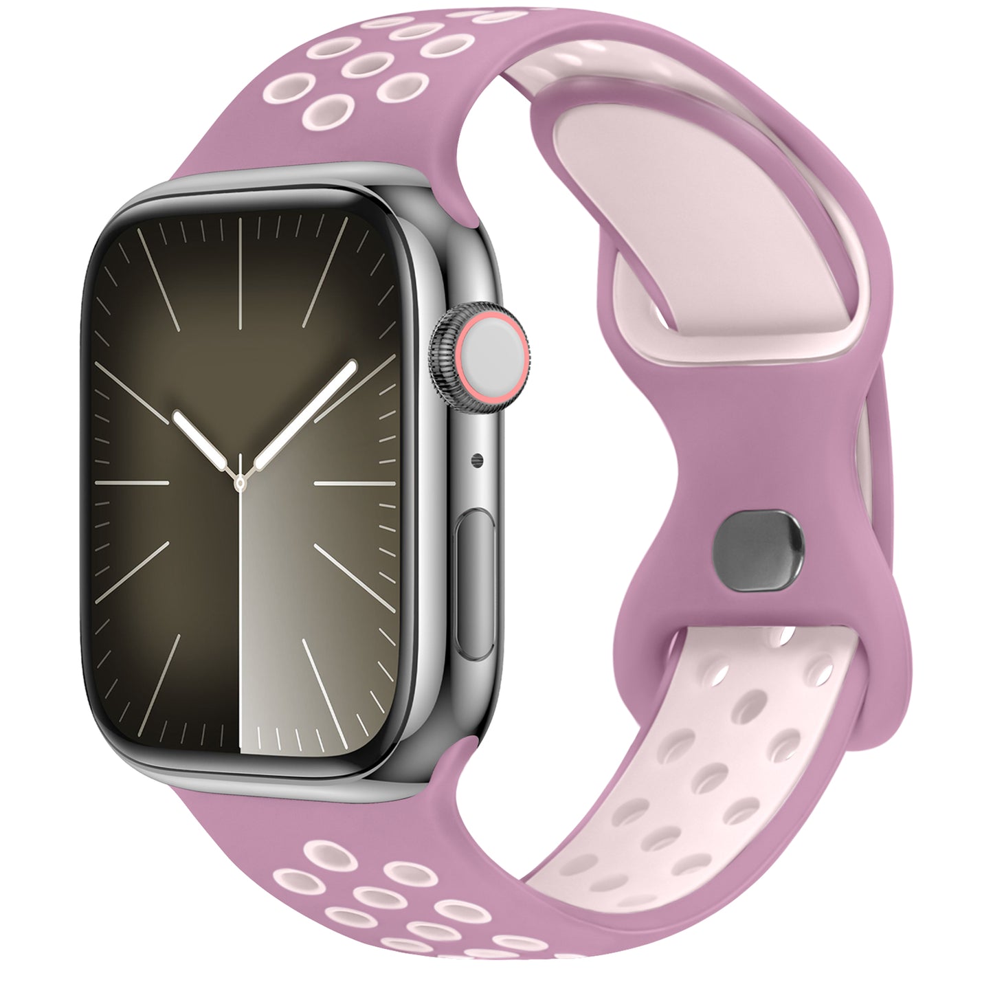 Das arktisband Apple Watch Silikonarmband "Energy" präsentiert sich mit einem rechteckigen Smartwatch-Zifferblatt und einem rosa-weiß perforierten Band auf weißem Hintergrund. Das Display verfügt über eine analoge Uhr. Kompatibel mit der Apple Watch.
