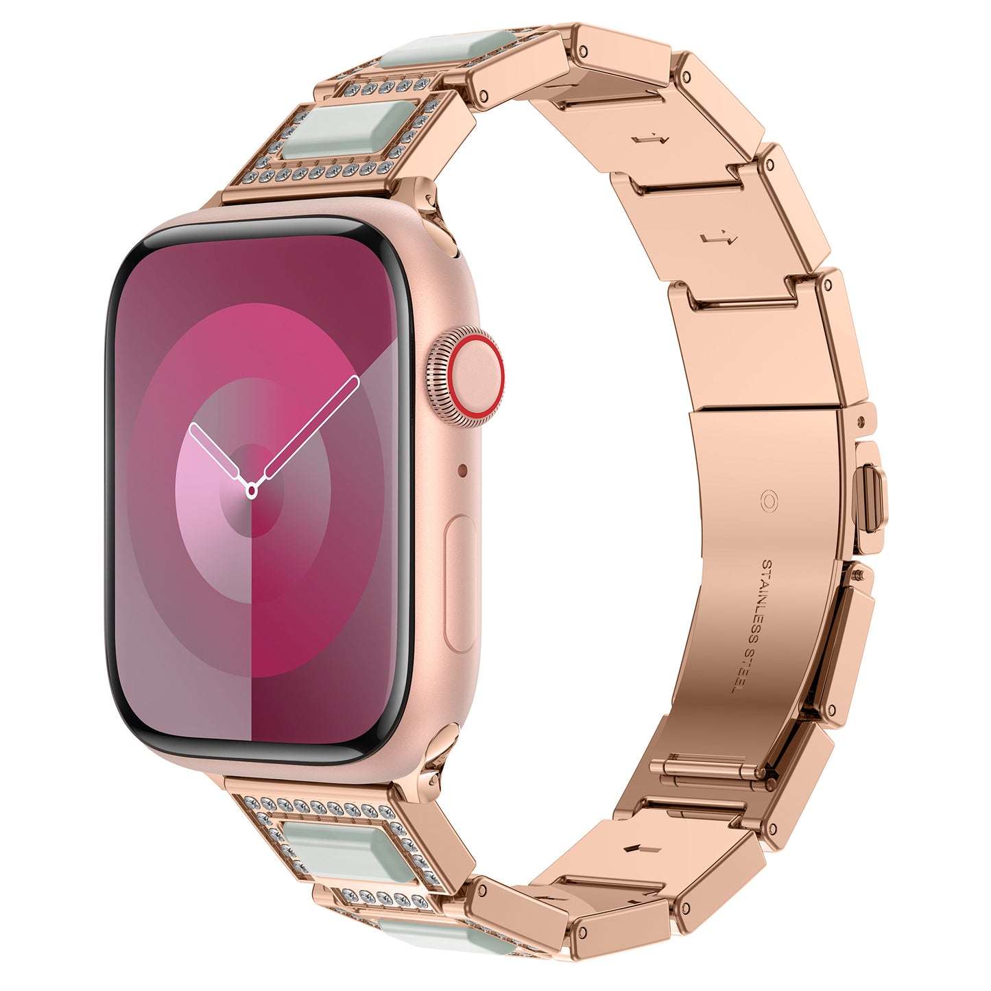 Das arktisband Apple Watch Gliederarmband „Senorita“ besticht durch ein roségoldenes, rechteckiges Smartwatch-Zifferblatt mit pink-roten Kreismustern und weißen Zeigern. Das Edelstahlarmband ist mit Strasssteinen verziert und passt zu allen Apple Watch Modellen.