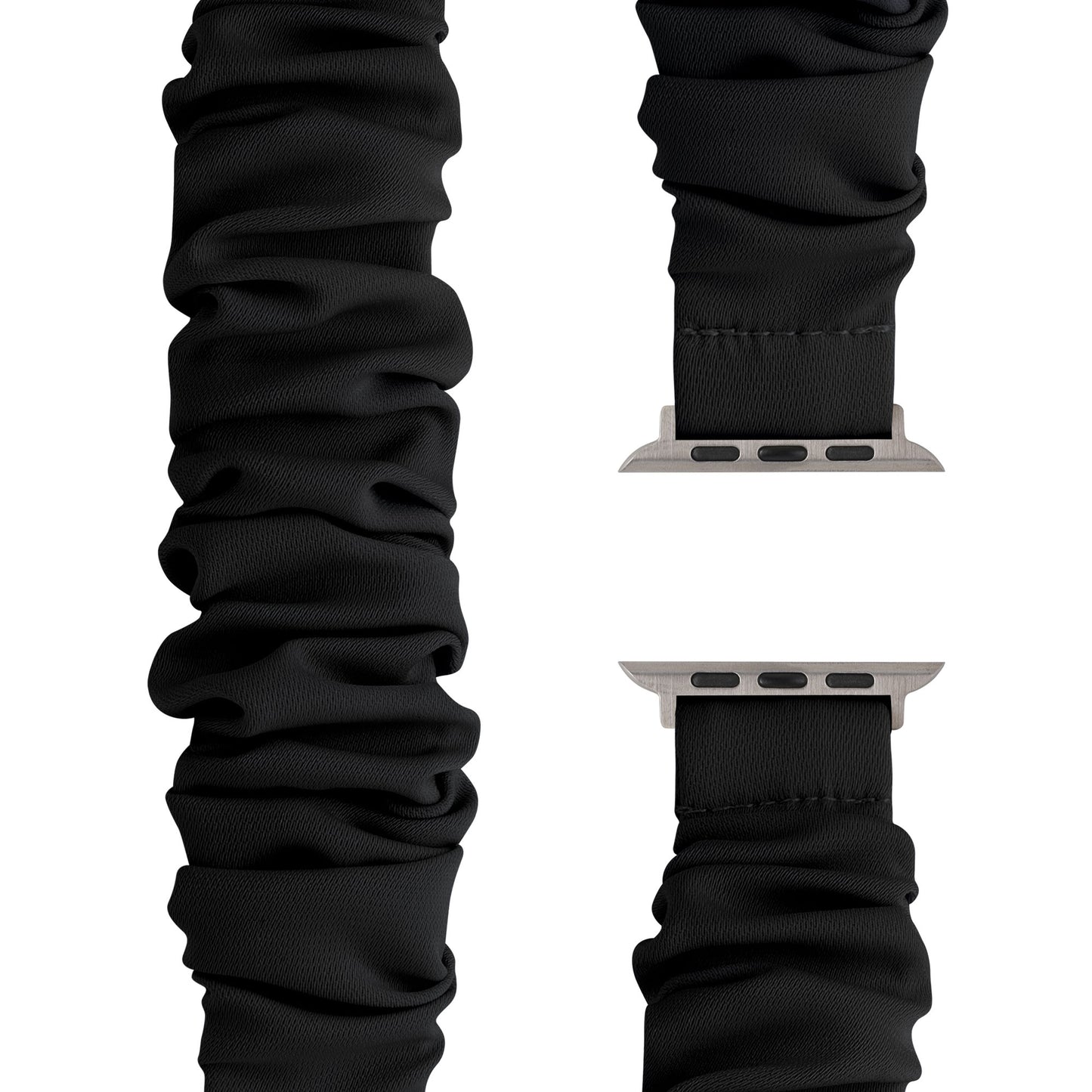 Das arktisband Apple Watch Scrunchie Armband "Elanora" aus weichem, schwarzem Nylon mit silbernen Verbindern wird aus verschiedenen Blickwinkeln auf weißem Hintergrund präsentiert.