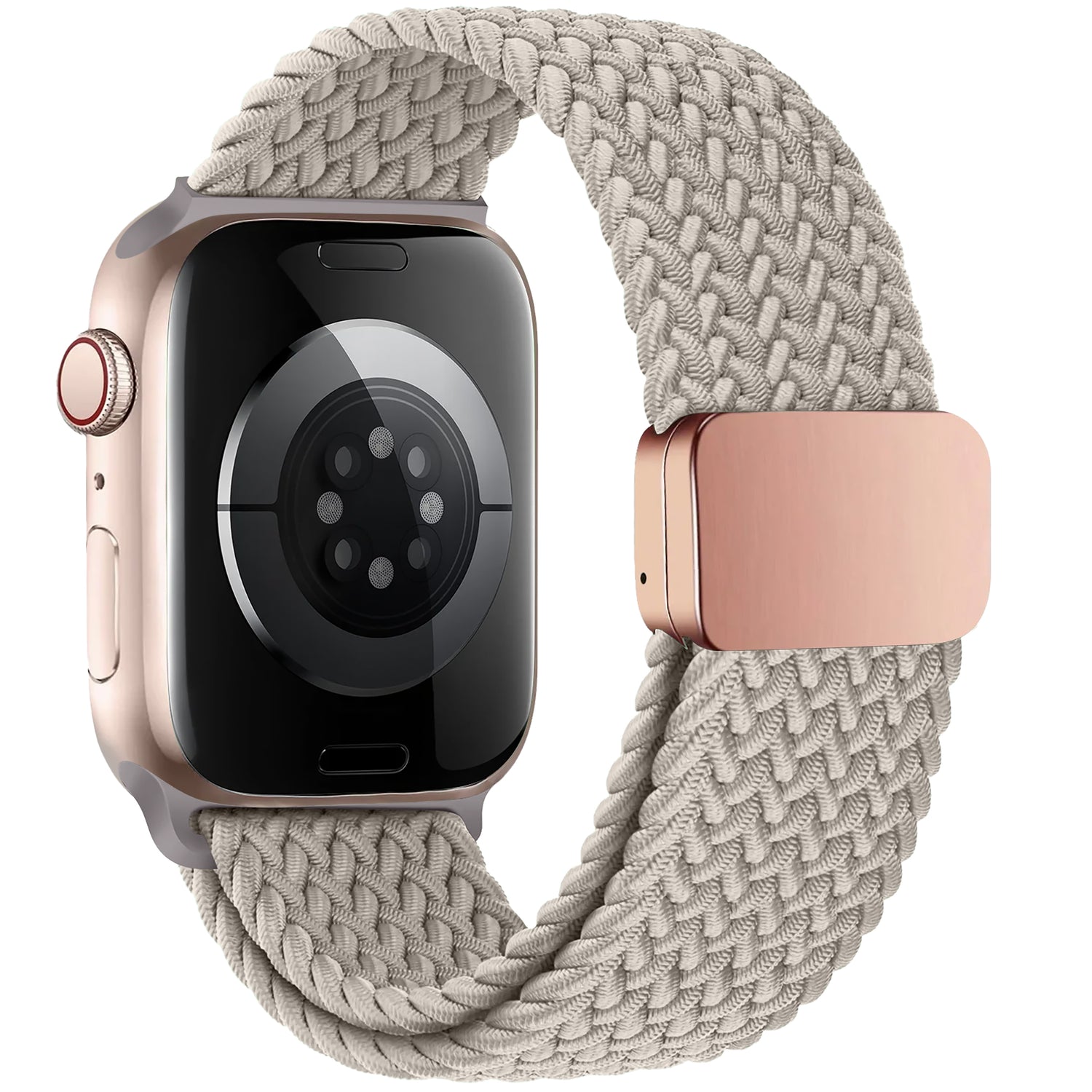 Das arktisband Geflochtenes Apple Watch Armband "Casual" mit Magnetverschluss in Beige ist auf einer stylischen Apple Watch mit goldenem Gehäuse abgebildet, die von der Rückseite aus ein geflochtenes Schlaufendesign aufweist.