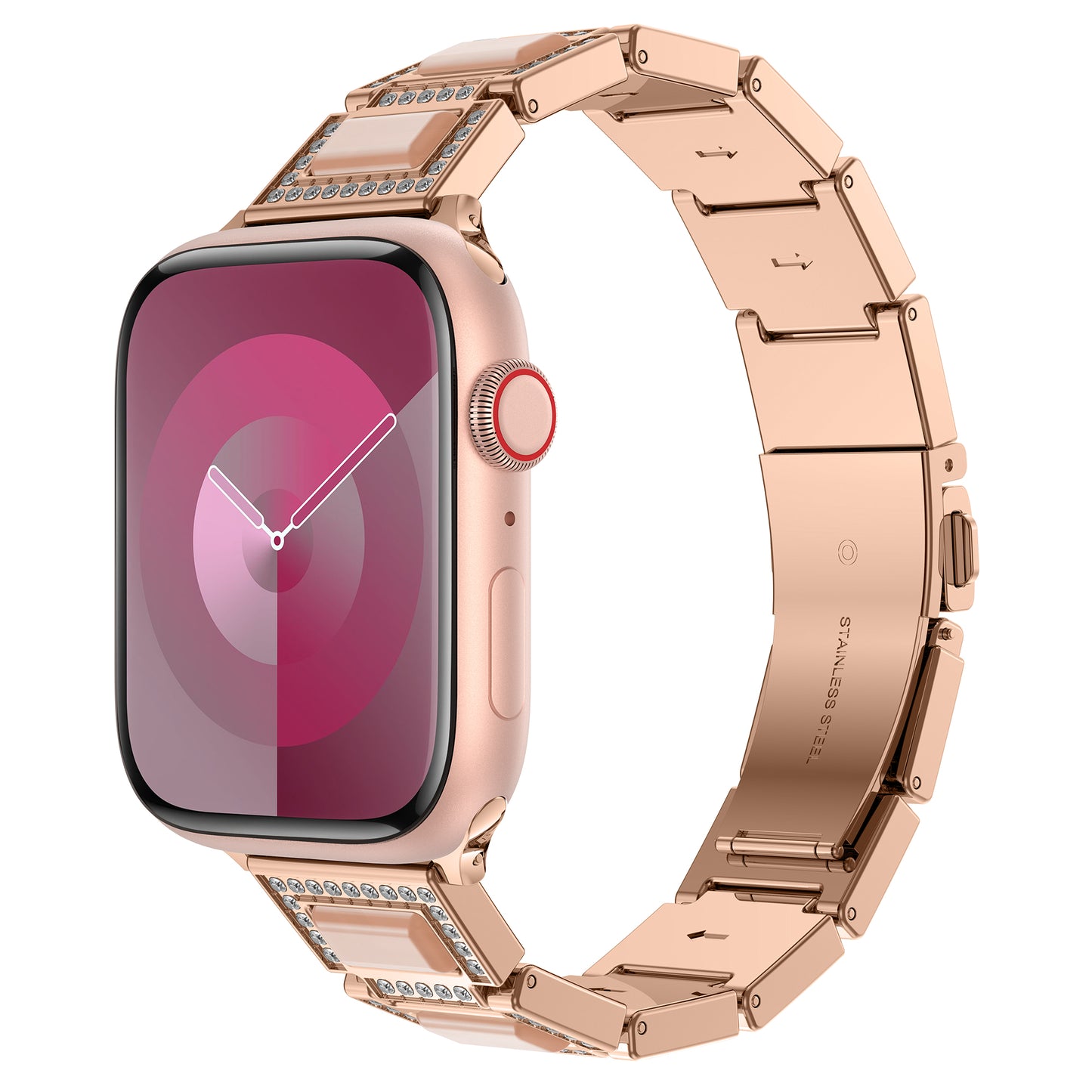 Das arktisband Apple Watch Gliederarmband „Senorita“ von arktisband ist mit eingearbeiteten Strasssteinen versehen. Abgebildet mit einer rechteckigen Smartwatch in Roségold mit pinkfarbenem Zifferblatt und rot akzentuierter Krone ist es Apple Watch kompatibel.