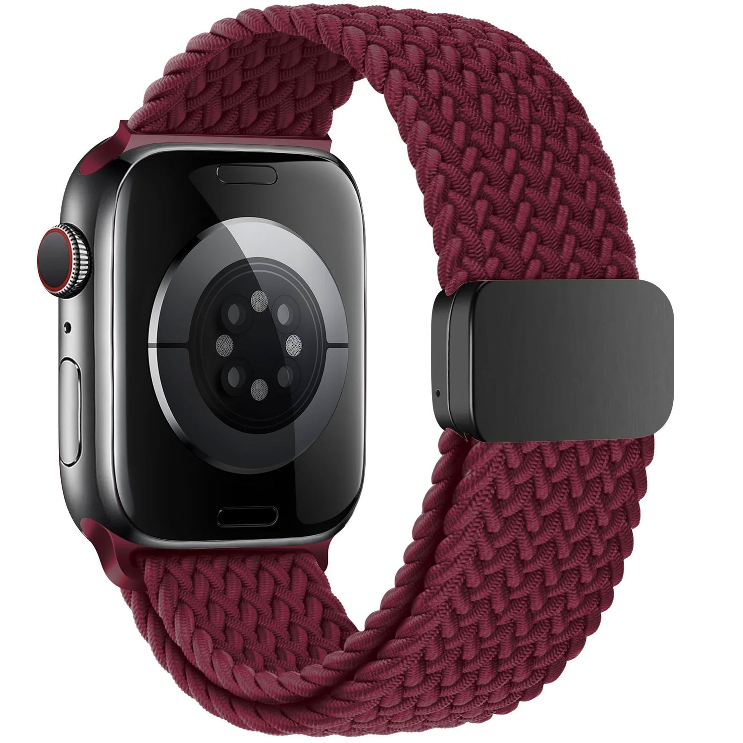 Das arktisband Geflochtene Apple Watch Armband „Casual“ mit Magnetverschluss in Kastanienbraun wird auf einer Apple Watch mit schwarzem Gehäuse gezeigt, das von hinten hervorgehoben wird, um die Sensoren und den praktischen Magnetverschluss freizugeben.