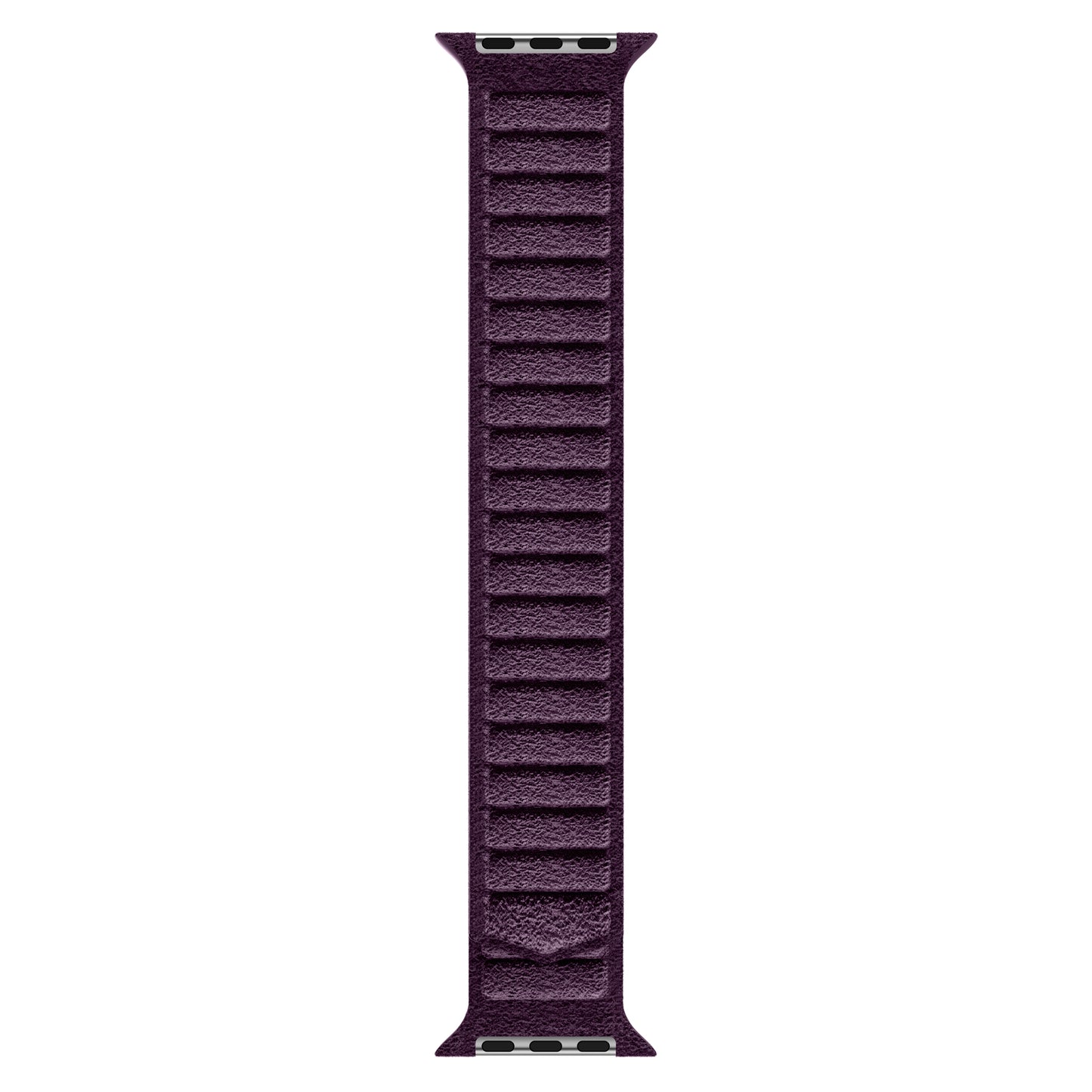 Das arktisband Apple Watch magnetisches Armband aus Alcantara in Violett, hergestellt in Italien mit einem Magnetverschluss, wird vertikal vor einem weißen Hintergrund gezeigt.