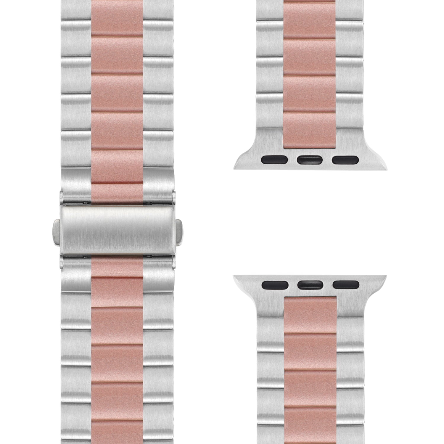 Nahaufnahme des Arktisband Apple Watch Gliederarmbands „Arctica“ mit abwechselnd silbernen und roségoldenen Gliedern, Edelstahlverschluss, zwei Endverbindern für die Apple Watch und feinen Details.