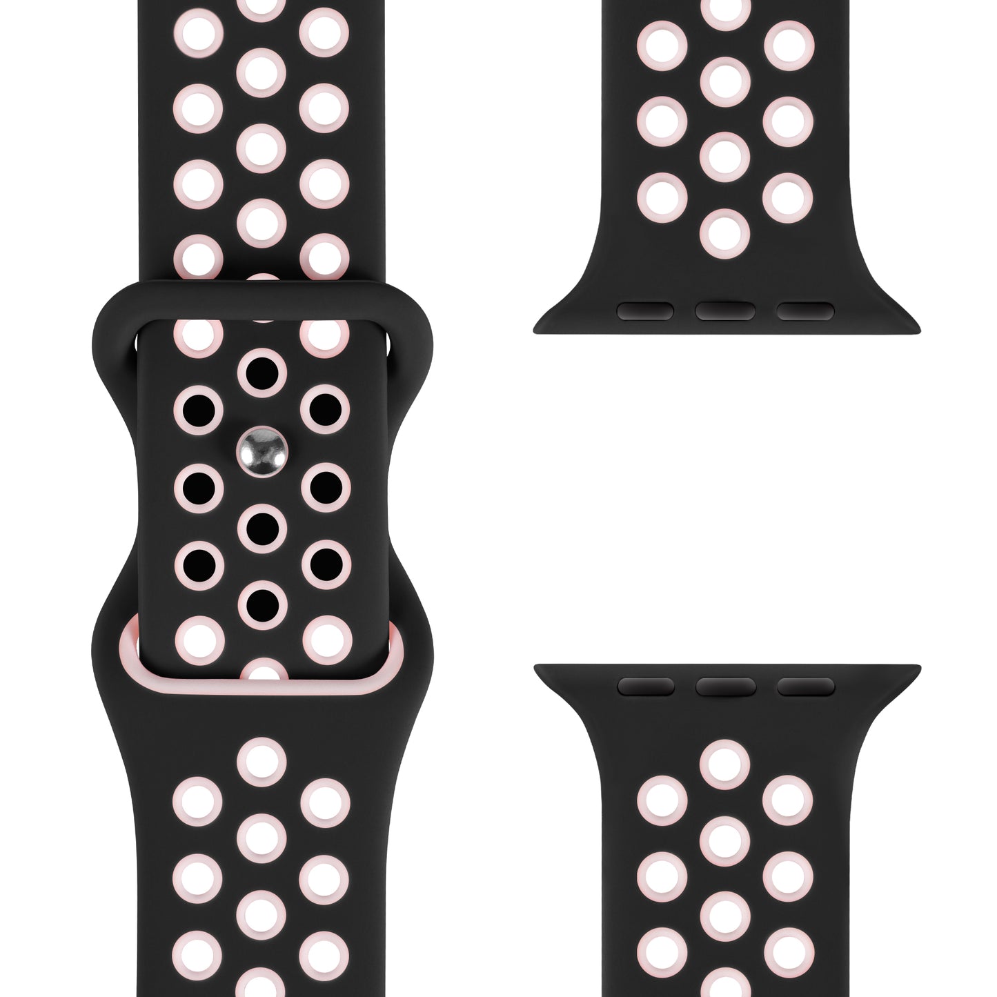 Das arktisband Apple Watch Silikonarmband „Energy“ von arktisband wird in Schwarz mit Reihen weiß umrandeter Löcher gezeigt und aus drei Blickwinkeln dargestellt: Vorderansicht mit geschlossener Schnalle und zwei separaten Armbandteilen, die das perforierte Design hervorheben.