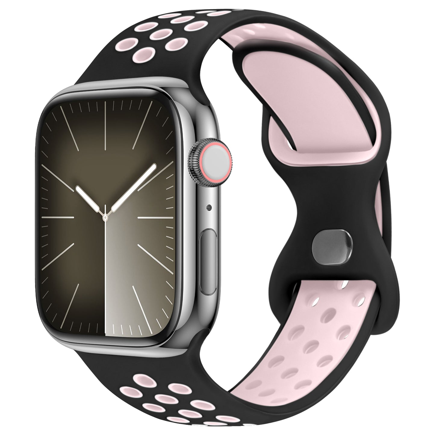 Das arktisband Apple Watch Silikonarmband „Energy“ besteht aus einem schwarz-rosa Silikonband, ist mit der Apple Watch kompatibel und hier auf einer Uhr mit rechteckigem Display, Metallgehäuse, Seitenknopf und digitaler Krone abgebildet.