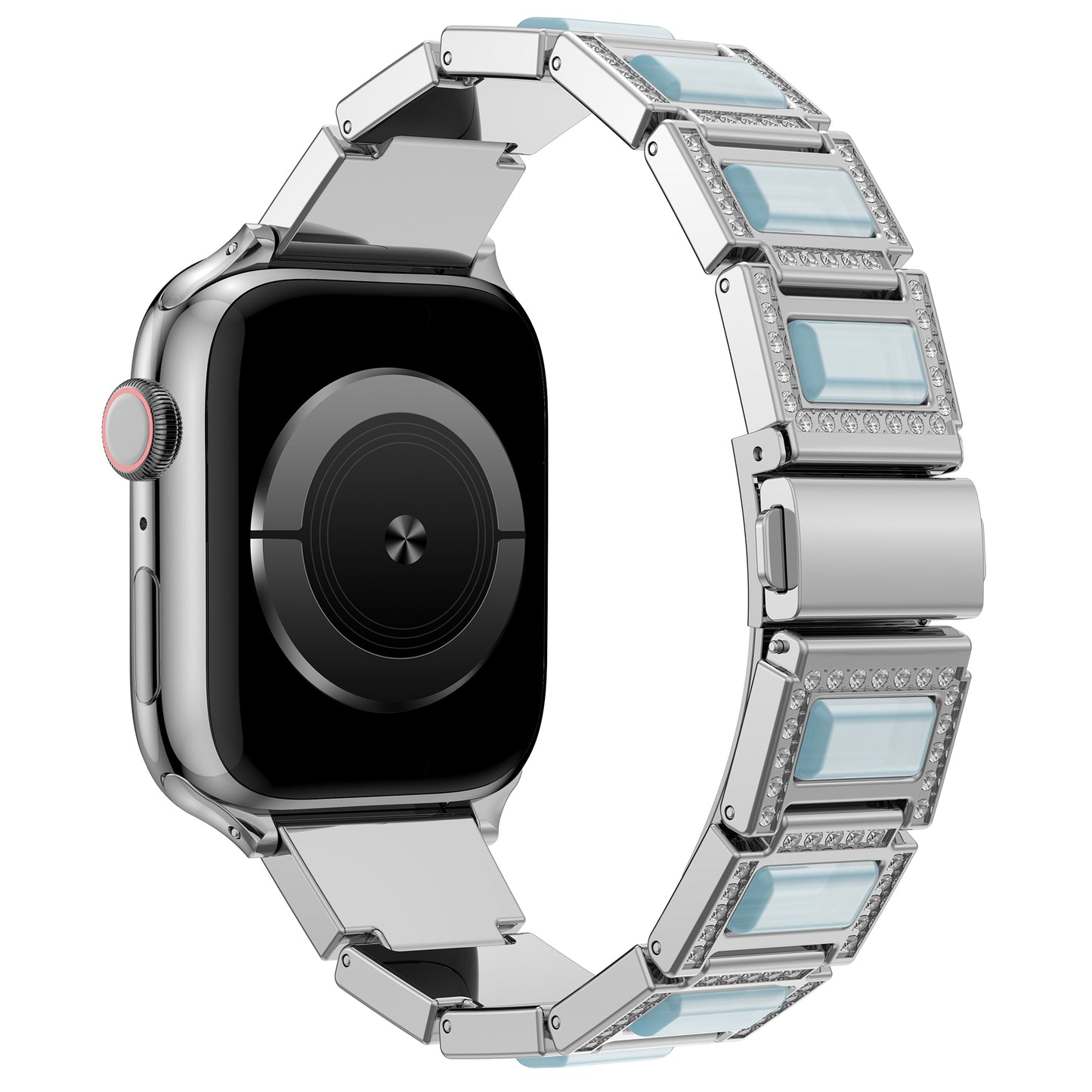 Das arktisband Apple Watch Gliederarmband „Senorita“ von arktisband ist schräg abgebildet und verfügt über ein silbernes rechteckiges Zifferblatt und abwechselnde Glieder, die mit hellblauen Steinen und funkelndem Strassbesatz besetzt sind.