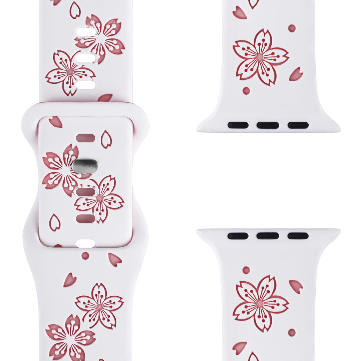 Das arktisband Apple Watch Armband „Flores“ ist ein weißes Silikonband mit rosa Kirschblütenmotiven und Blütenblattakzenten, das aus verschiedenen Winkeln gezeigt wird, um das Blumenmuster und die Anschlussschlitze hervorzuheben.