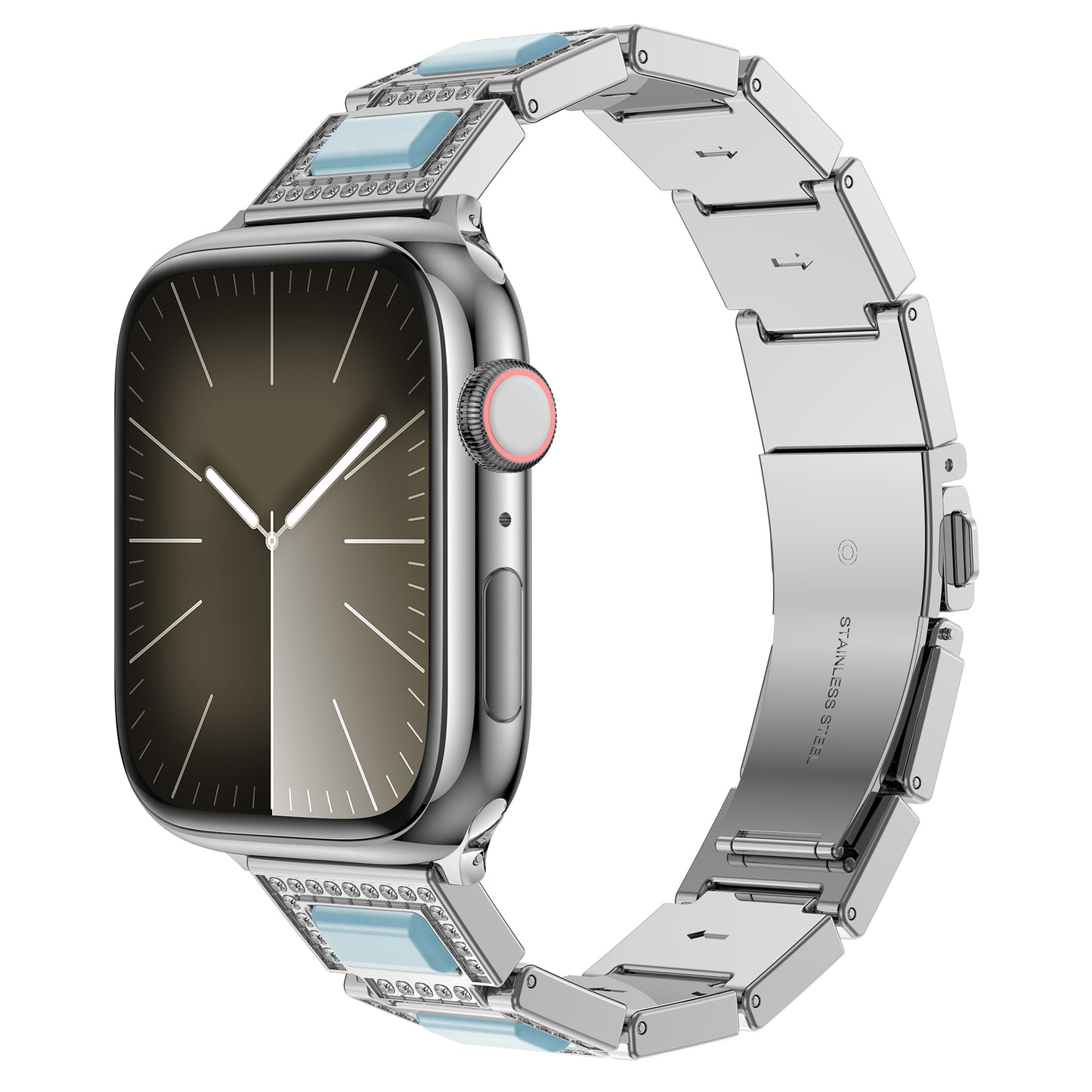 Das arktisband Apple Watch Gliederarmband „Senorita“ von arktisband verfügt über ein Edelstahlgehäuse, ein rechteckiges Zifferblatt, eine minimalistische analoge Anzeige, ein silbernes Finish und ein Edelstahlarmband mit blauen Akzenten und Strasssteinbesatz. Die digitale Krone befindet sich auf der rechten Seite.