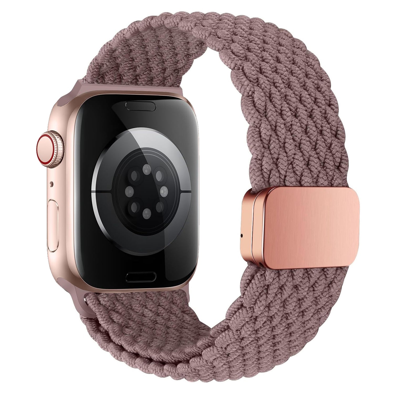 Roségoldene Apple Watch mit dem Arktisband Geflochtenes Apple Watch Armband "Casual" mit Magnetverschluss in Pink, von der Seite und der Rückseite abgebildet.