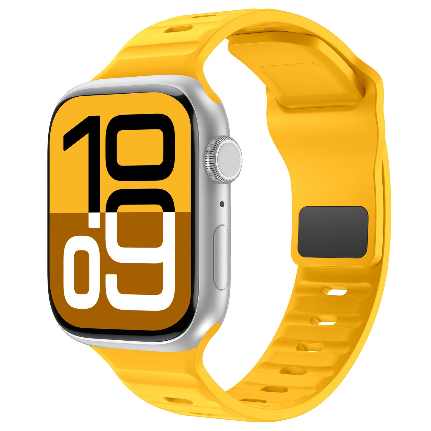 Ein Arktisband Apple Watch Silikonarmband „Active“ in leuchtendem Gelb wird auf einer silbernen Apple Watch Ultra präsentiert. Das Armband verfügt über Belüftungslöcher, einen schwarzen rechteckigen Verschluss und das Display zeigt die Uhrzeit in kräftigen Gelb-Schwarz-Weiß-Farben digital an.