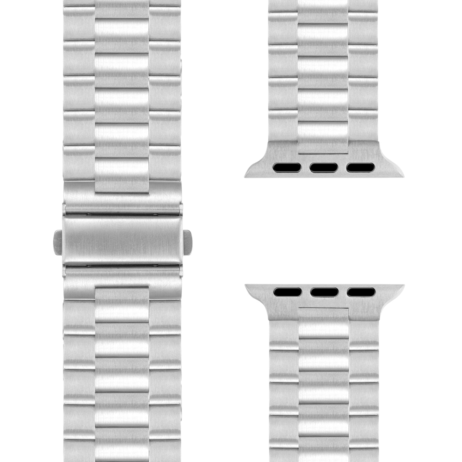 Das Arktisband Apple Watch Gliederarmband „Arctica“ verfügt über ein gebürstetes Silber-Finish und ein Gliederdesign, das in drei Teilen dargestellt ist: das komplette Band auf der linken Seite und zwei Verbindungsstücke auf der rechten Seite, perfekt als Edelstahl-Armband für die Apple Watch.