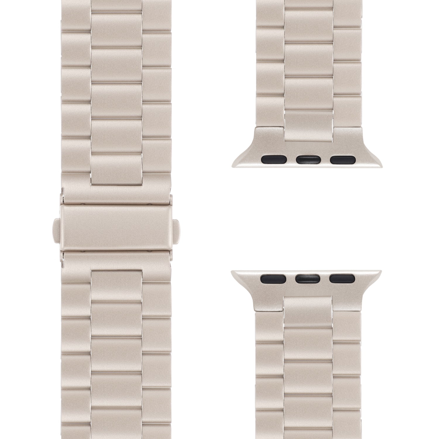 Eine Nahaufnahme des Arktisband Apple Watch Gliederarmbands „Arctica“ in Hellbeige, die links das vollständig geschlossene Edelstahlarmband und rechts zwei Verbindungsstücke zeigt.