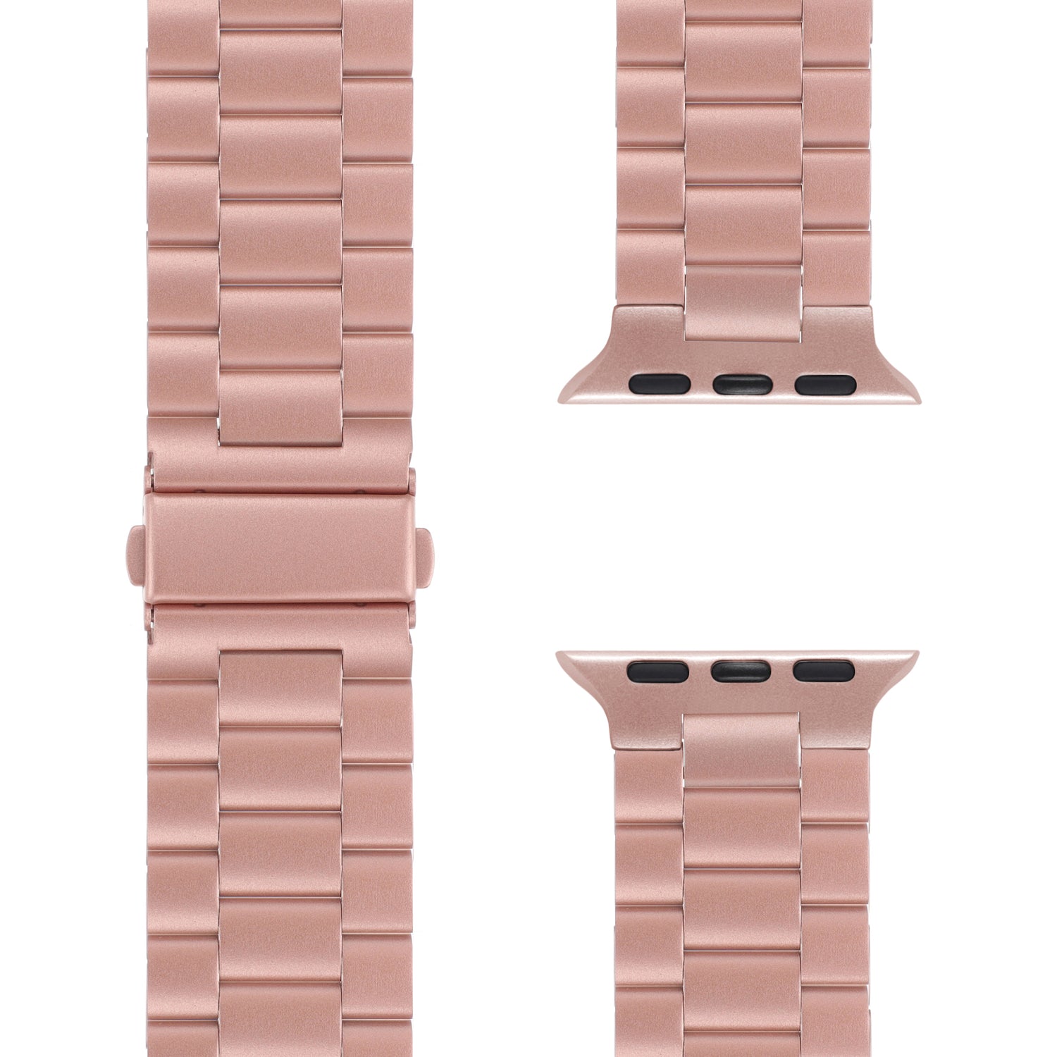 Das arktisband Apple Watch Gliederarmband „Arctica“ von arktisband in Roségold präsentiert sich in drei Teilen: einem langen Verschlusssegment und zwei Verbindungsstücken, alle im stylischen Edelstahl-Gliederdesign.