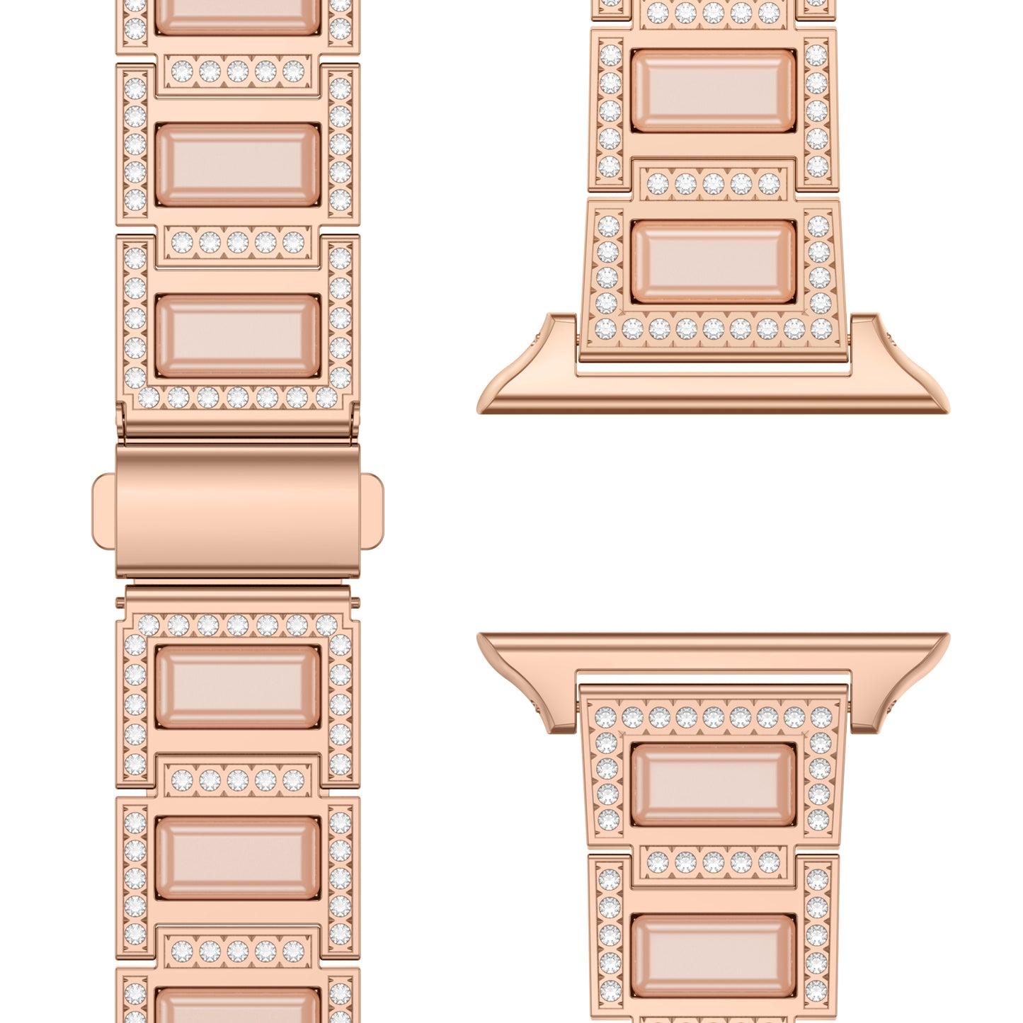 Eine Nahaufnahme des arktisband Apple Watch Gliederarmbands „Senorita“ von arktisband, das drei Bandstücke mit rechteckigen rosa Einlagen und Reihen kleiner, runder Strasssteine zeigt, die jedes Segment und seine Verbindungsstücke umranden.