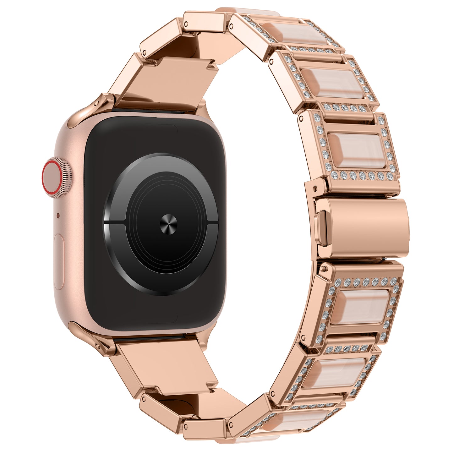 Das Arktisband Apple Watch Gliederarmband „Senorita“ wird aus der Seitenansicht auf einer roségoldenen Smartwatch mit leerem schwarzen Bildschirm gezeigt, die rechteckige Glieder mit Strasssteinen und weißen Einlagen aufweist.